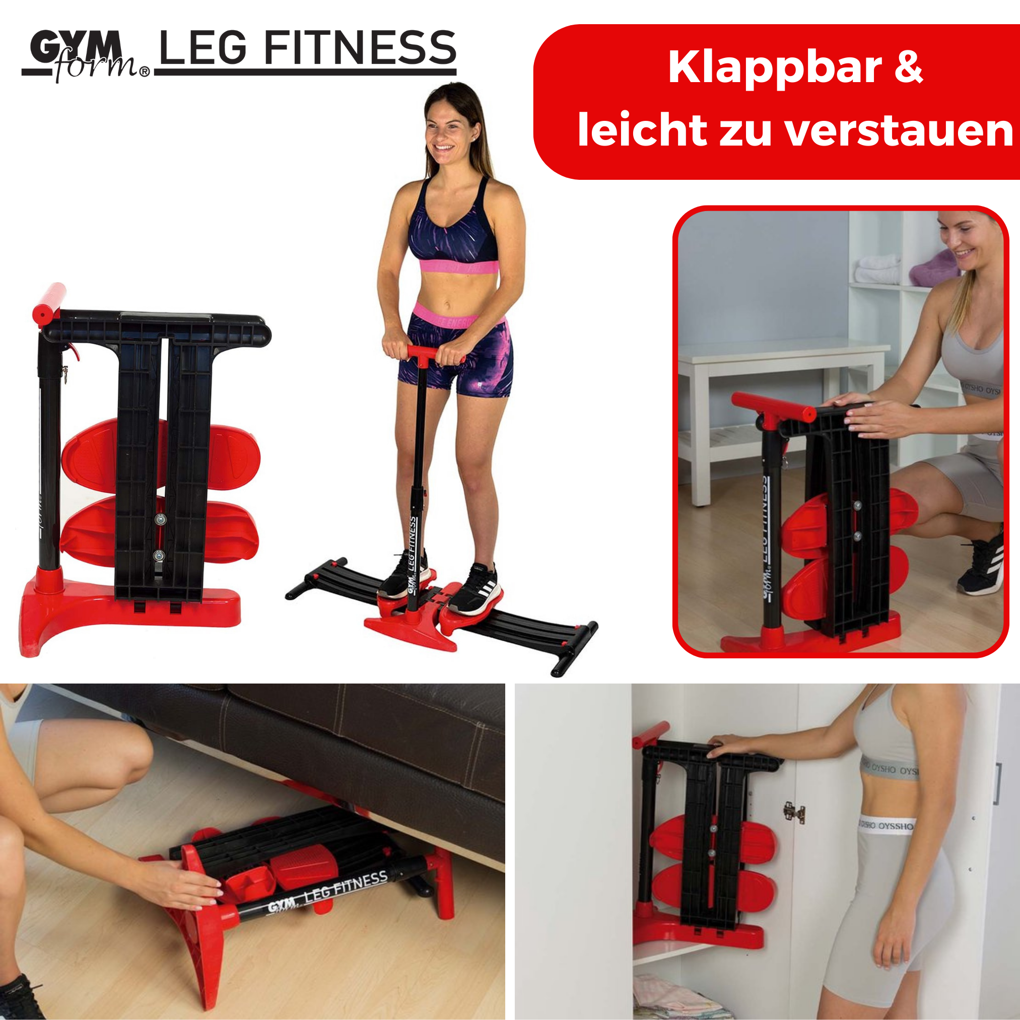 Gym Leg Fitness Bein-Trainingsgerät, mit mehreren Bildern, die die Verwendung und Lagerung demonstrieren.