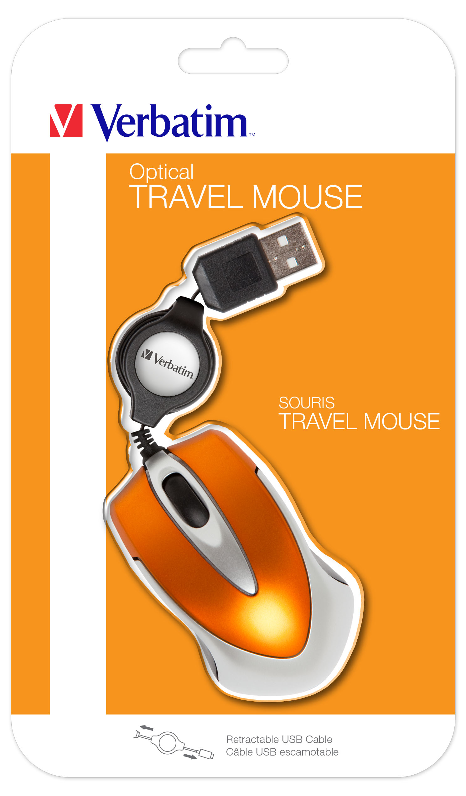 Verbatim travel mouse packaging. Orange and white mouse with a retractable USB cable.