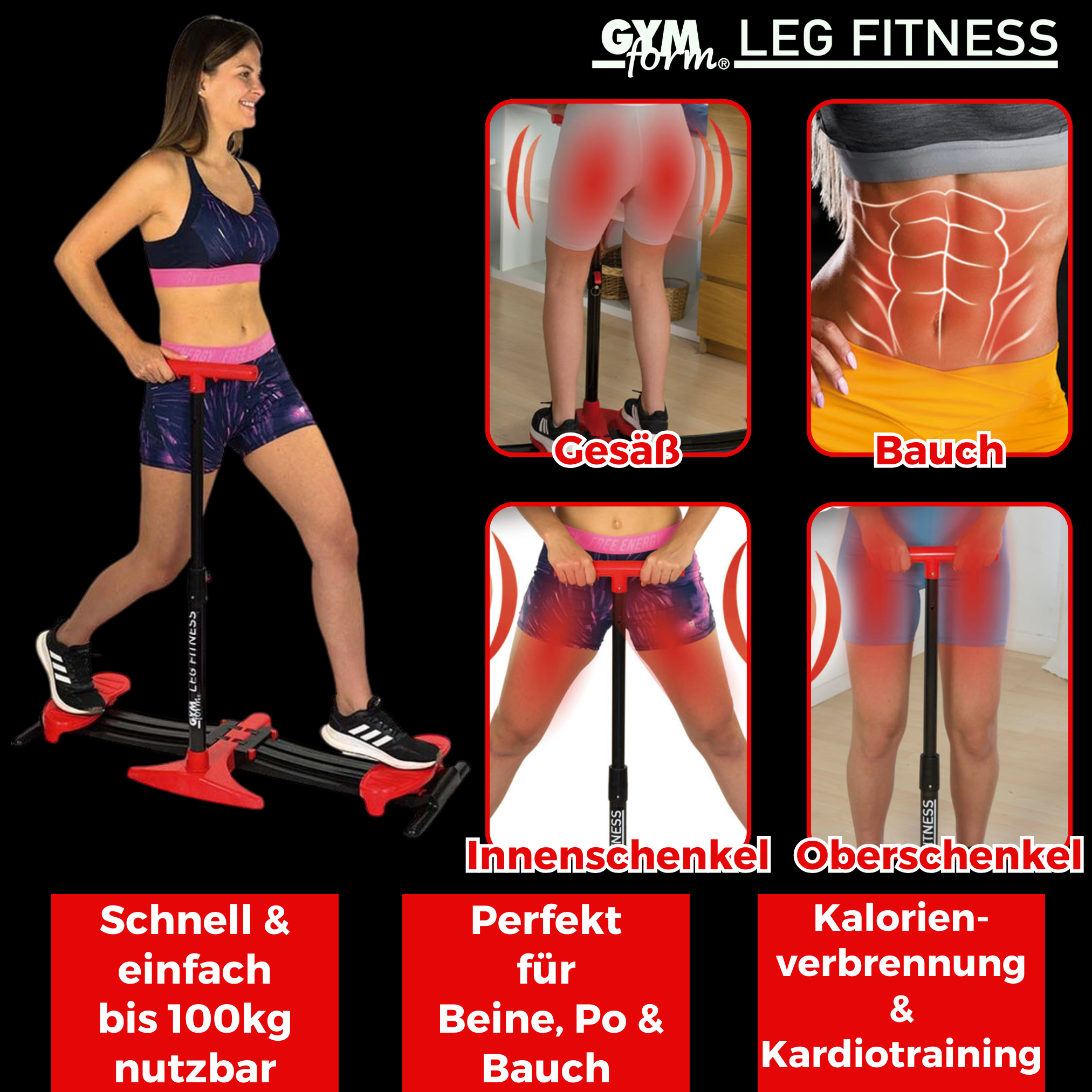 Frau benutzt Bein-Trainingsgerät. Text: Bein-Fitness, perfekt für Beine, Po, Bauch.