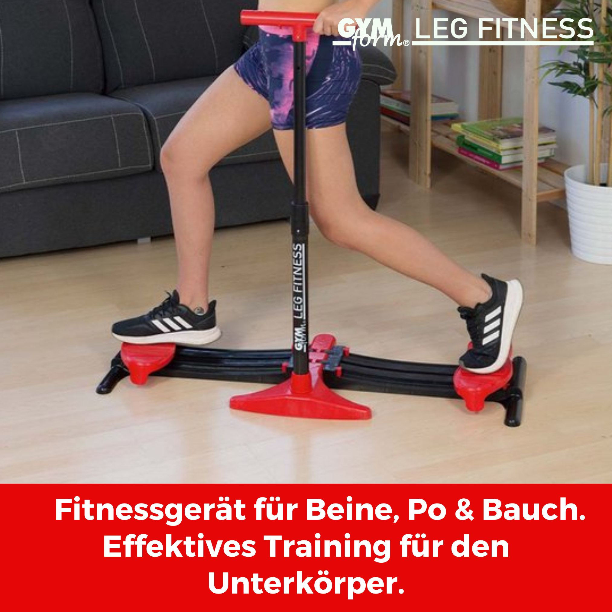 Eine Person, die ein Bein-Fitnessgerät benutzt, zeigt Übungen mit roter Basis und schwarzer Struktur.