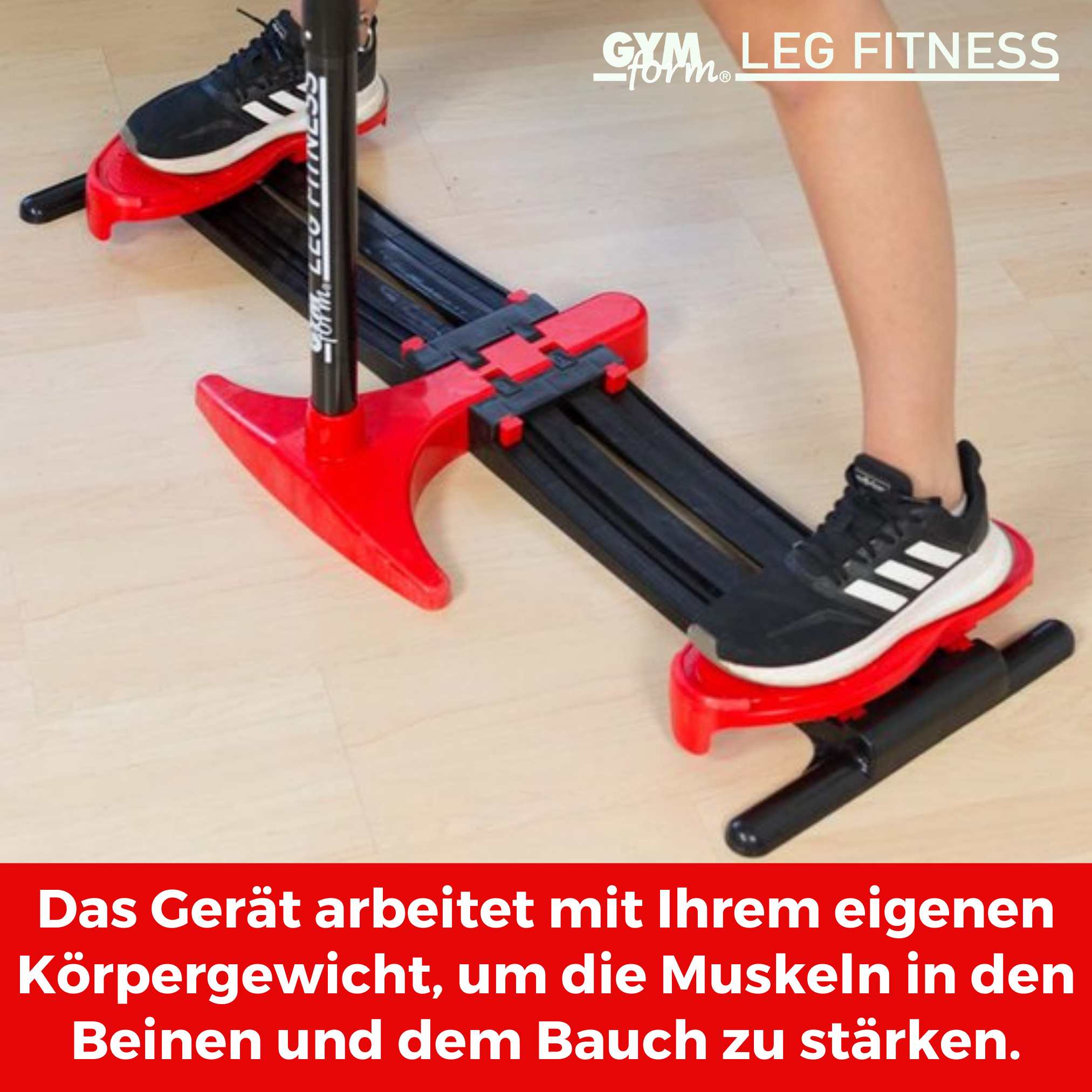 Person benutzt Bein-Trainingsgerät mit roten und schwarzen Komponenten.