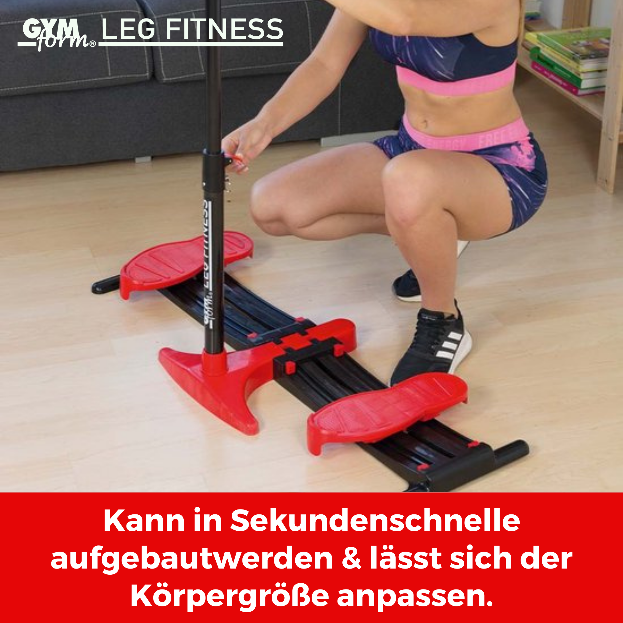 Frau, die ein Bein-Fitnessgerät benutzt. Der Text auf Deutsch sagt, dass es schnell aufgebaut werden kann.