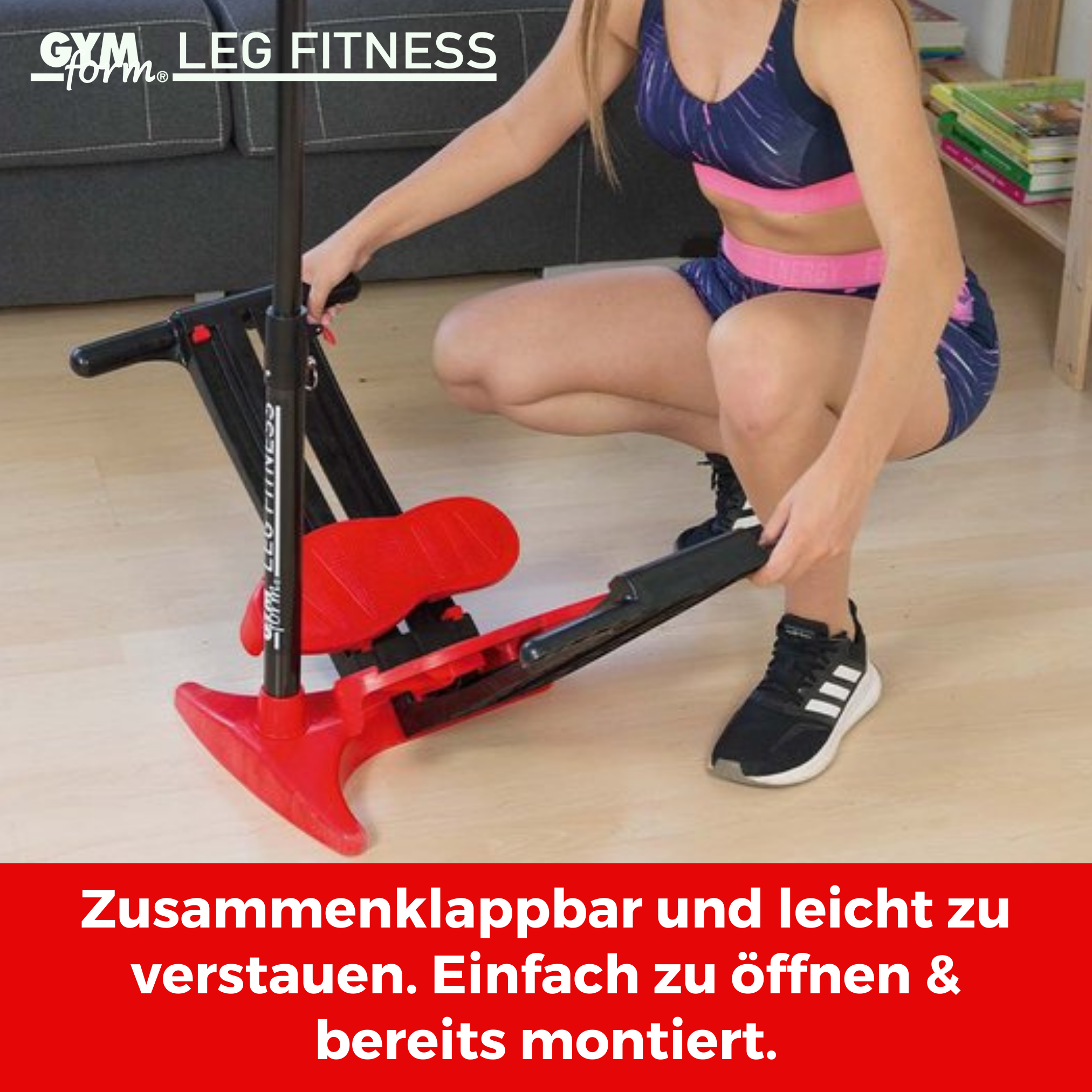 Frau benutzt Bein-Fitnessgerät. Rote und schwarze Maschine, Gymnastikraum, dunkles Oberteil und Shorts.