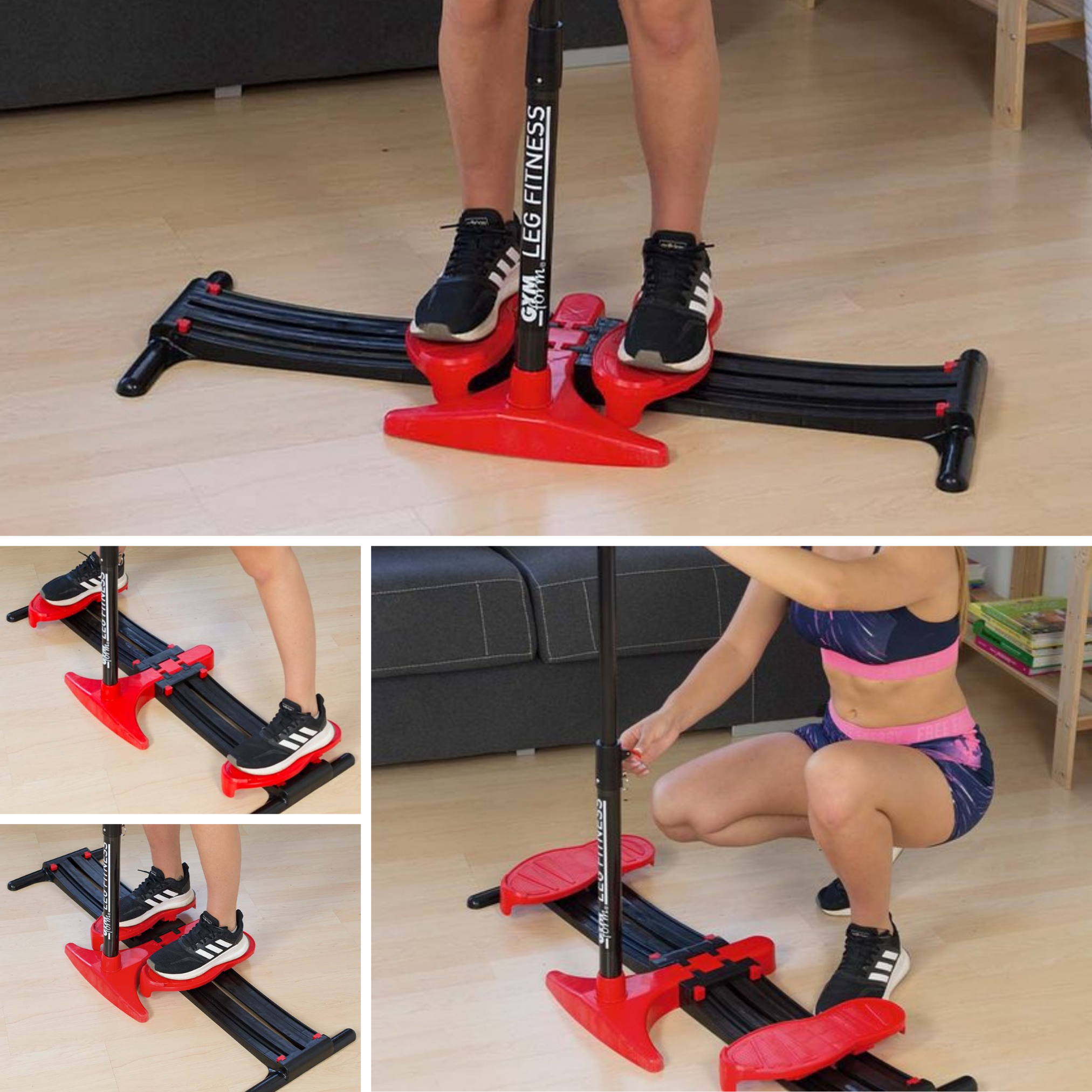 Mehrere Bilder einer Bein-Fitnessmaschine mit Person, die sie benutzt. Rote Basis und schwarze Stangen.