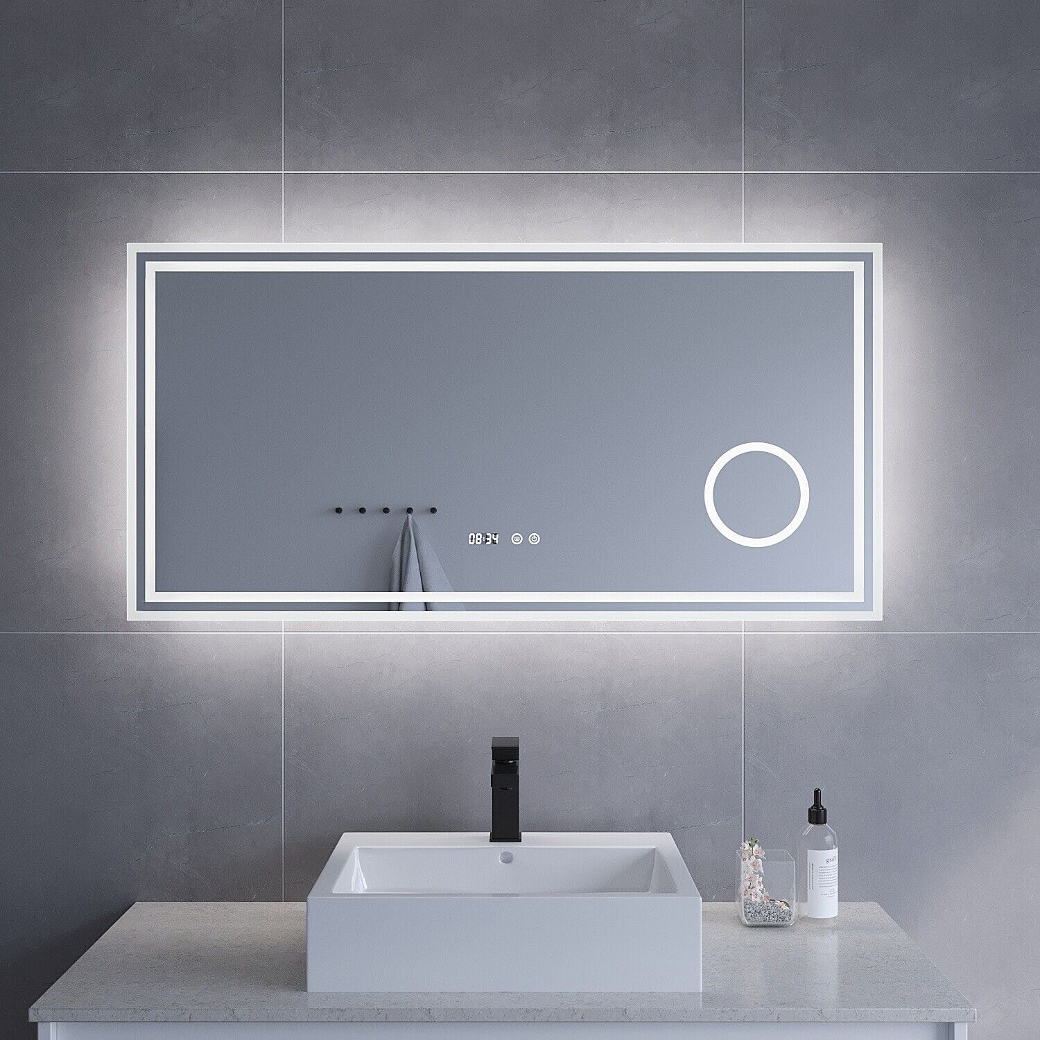 AQUABATOS LED mit Badspiegel Wandspiegel Rechteckig LED 6400K Kaltweiß Badspiegel Digitaluhr