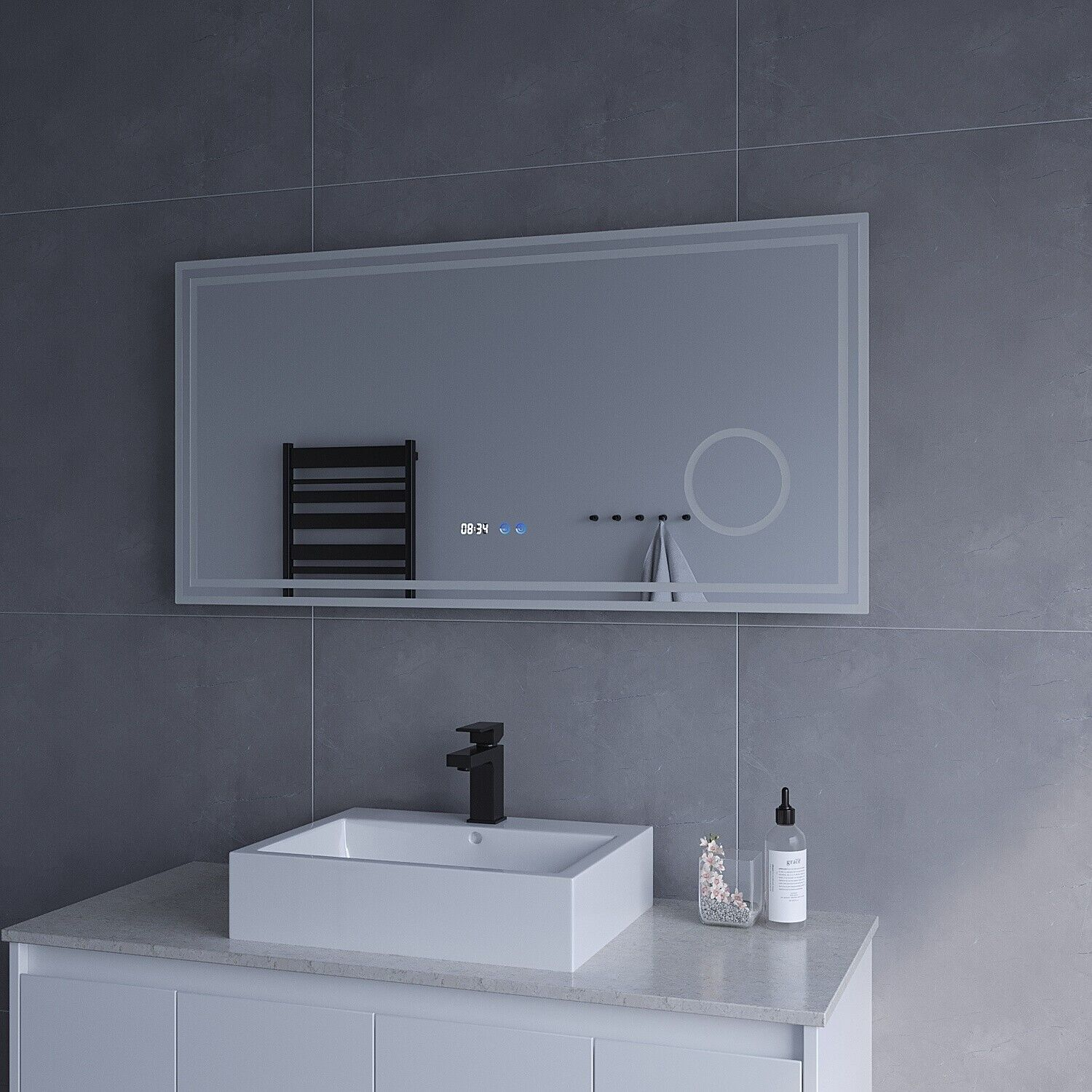 AQUABATOS LED Badspiegel Rechteckig Digitaluhr Kaltweiß Badspiegel Wandspiegel 6400K LED mit