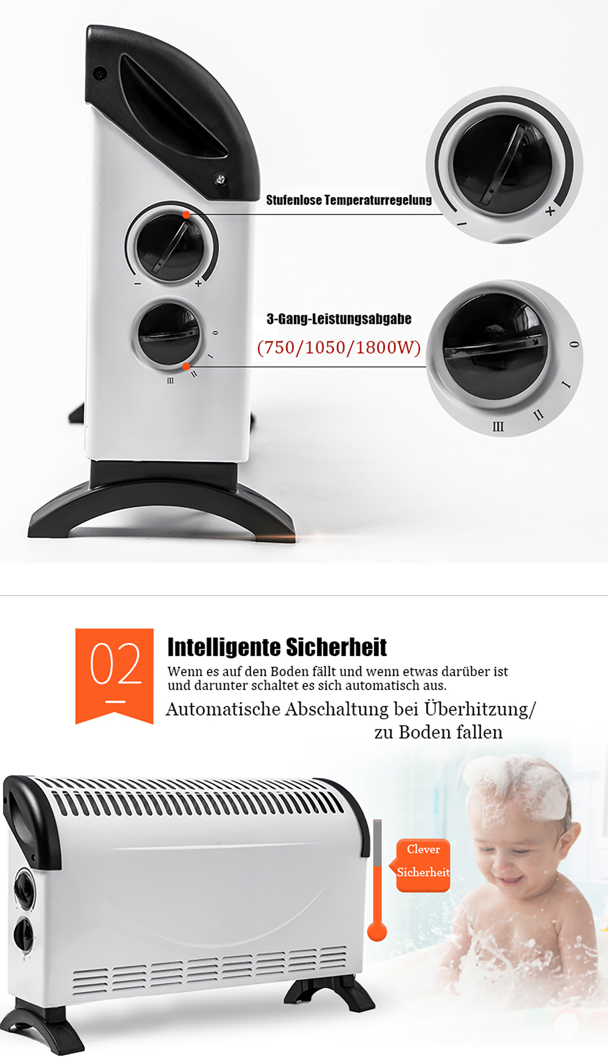 Weißer Elektroheizer mit Drehreglern. Textbezeichnungen umfassen Temperaturregelung und Leistungsstufen.