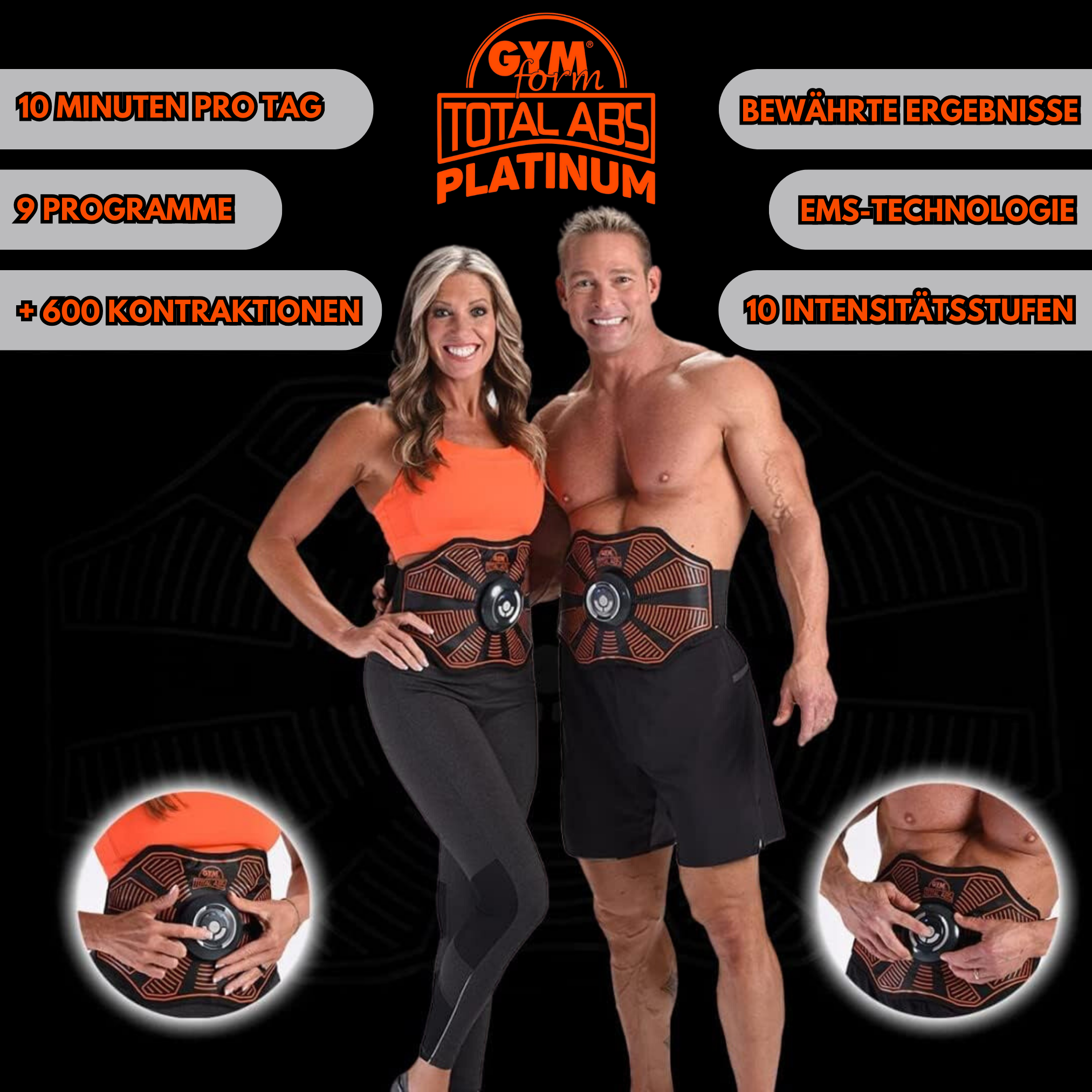 Zwei Personen mit Muskelstimulationsgeräten. Die Marke ist GymForm Total Abs Platinum.