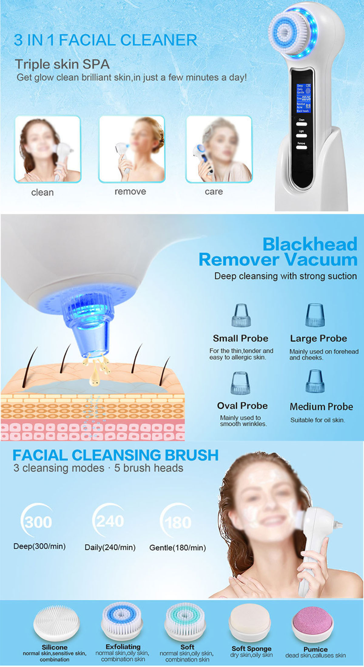 BRIGHTAKE 3-in-1-Multifunktions-Gesichtsreinigungsbürste Gesichtsreiniger Weiß USB Electric|Mitesserentfernung
