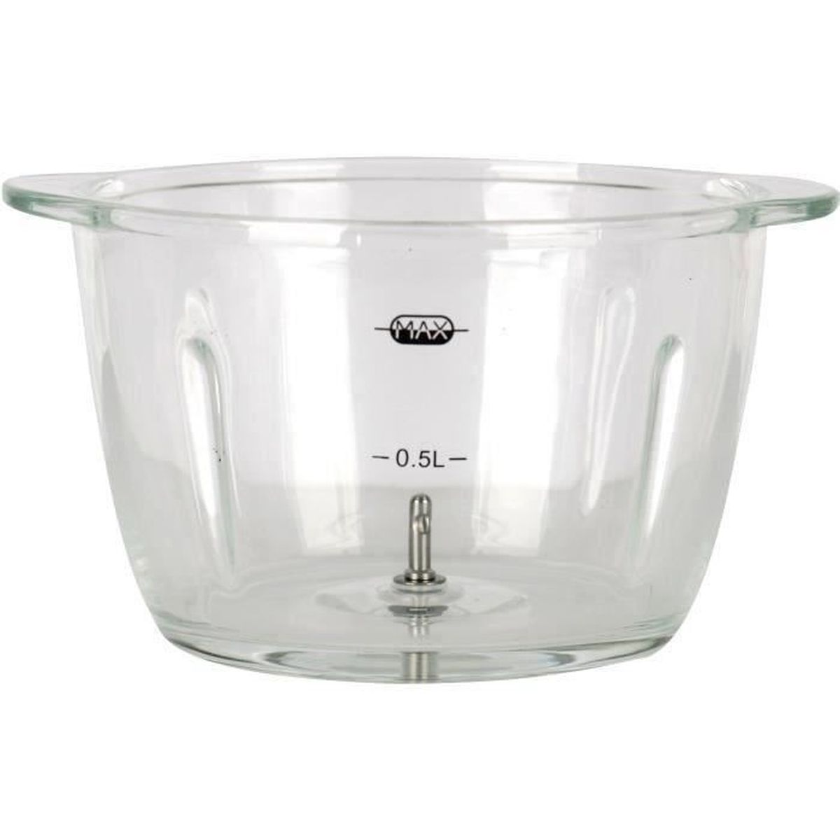 Ein transparenter Glas-Mixerbehälter mit Max-Fülllinie und Messmarkierungen.