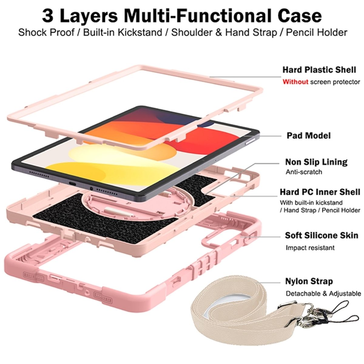 WIGENTO 360 Grad Outdoor Hybrid Redmi Halte-Schlaufe Tasche Zoll, 11 Rosa / SE Xiaomi, aufstellbar, Pad 2 mit Backcover