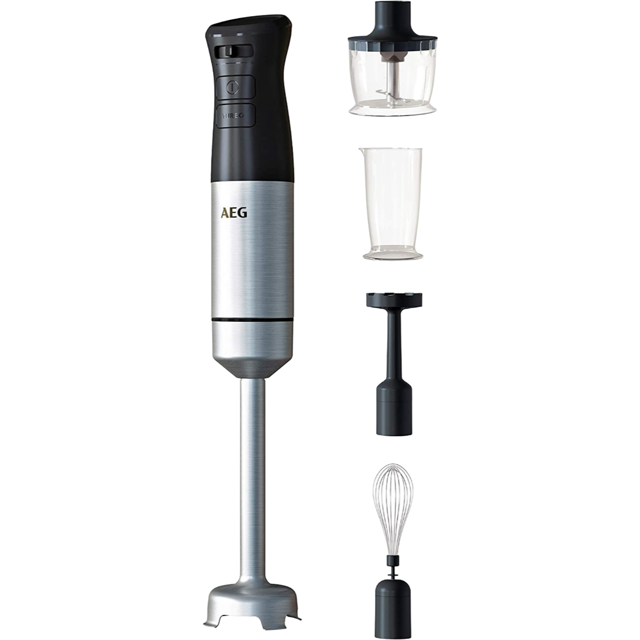 Ein schwarz-silberner Stabmixer mit Aufsätzen. Aufsätze: Klinge, Becher, Schneebesen und Zerkleinerer.
