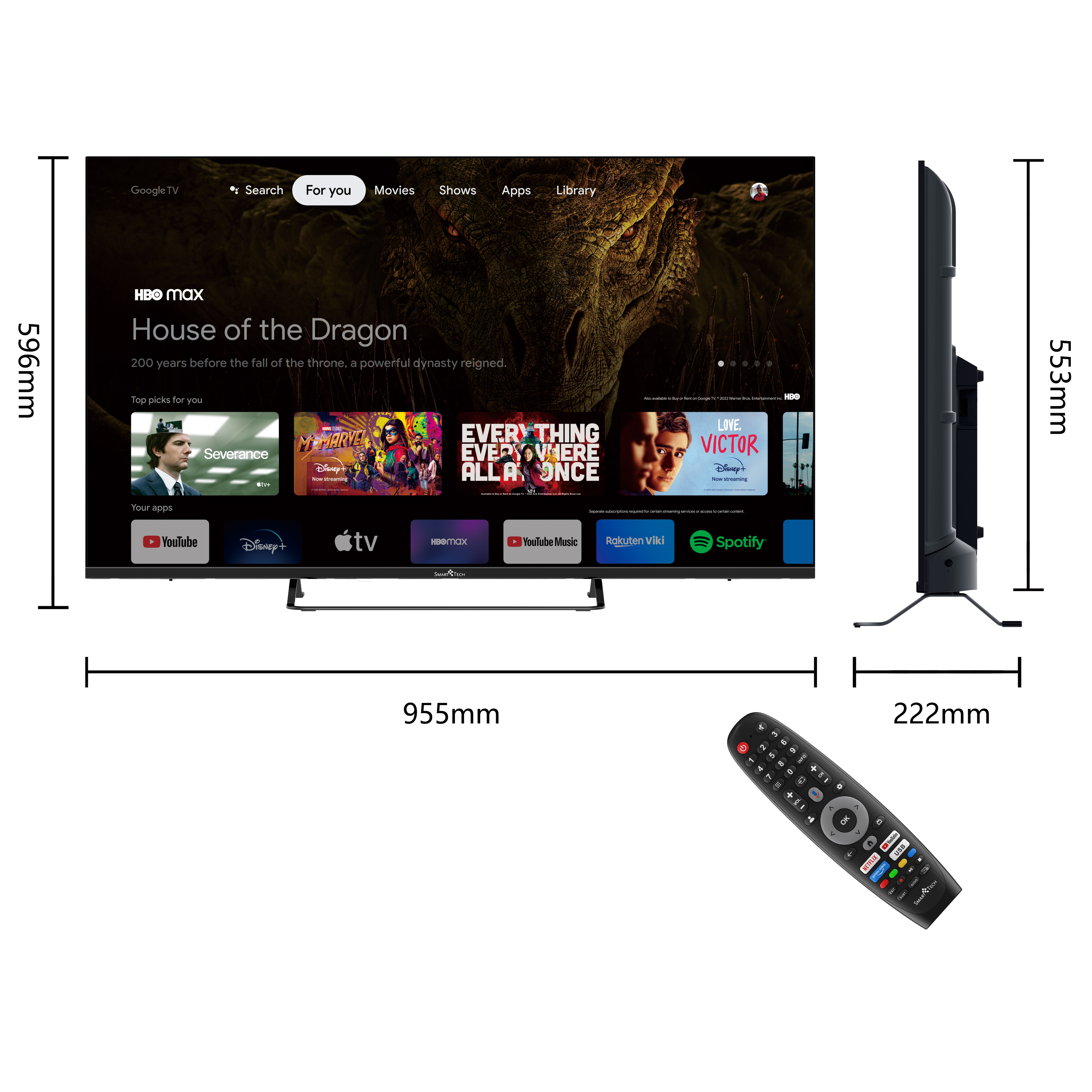 Una pantalla de TV muestra programas. Un mando y las dimensiones están junto al televisor.