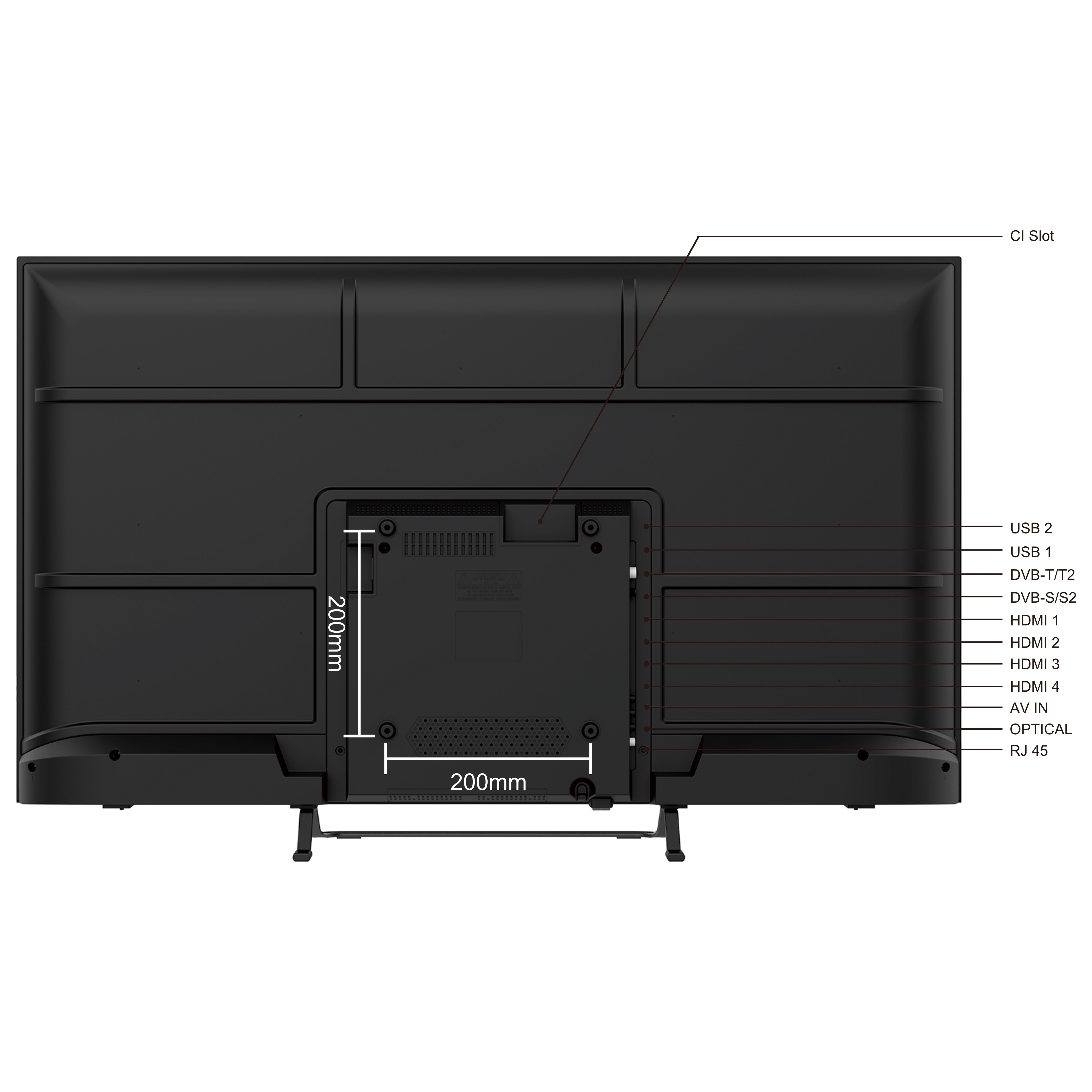 Vista trasera de un televisor negro con puertos etiquetados y dimensiones indicadas. Cuenta con múltiples puertos HDMI y USB.