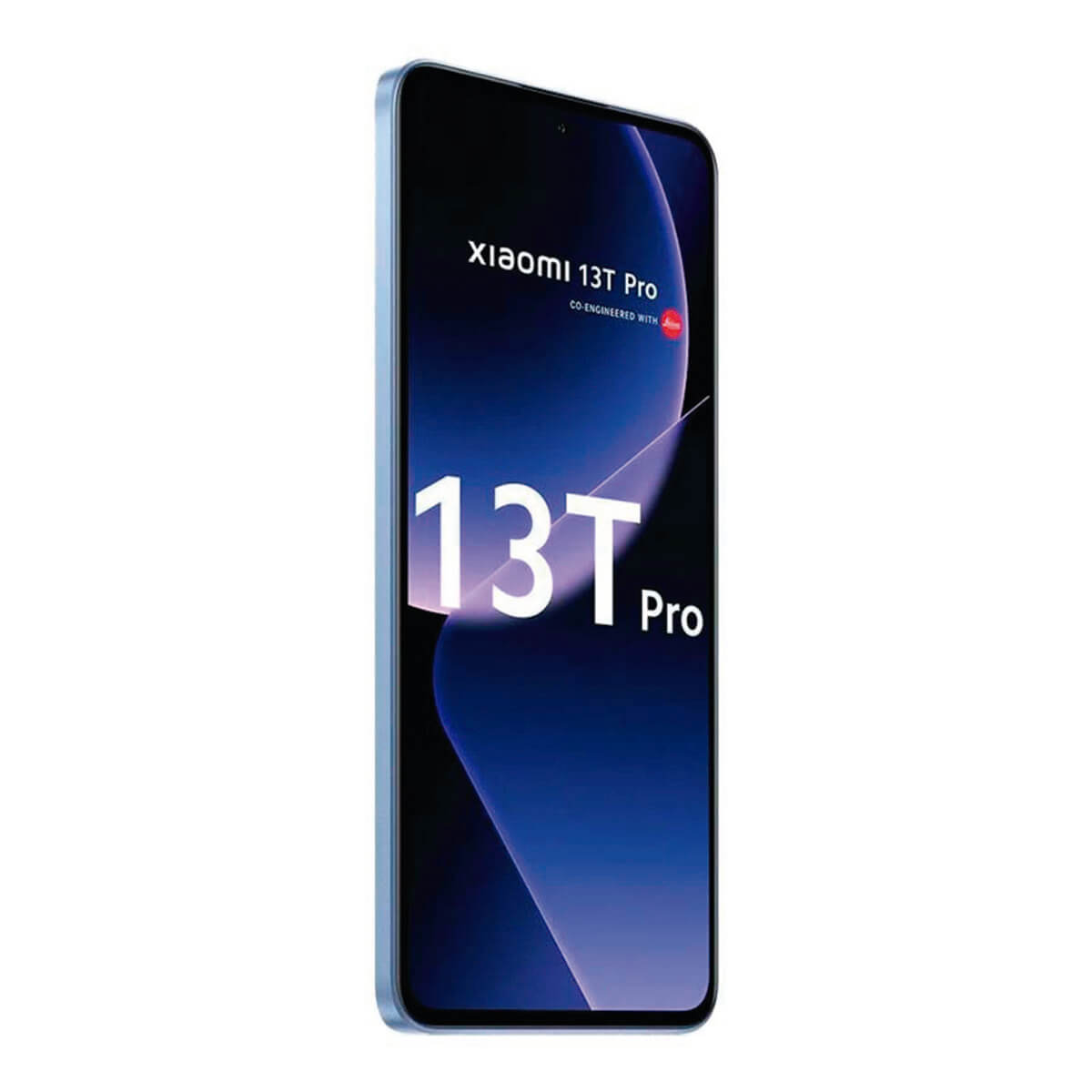 Ein schlankes Smartphone mit blauem Rand und dem Text "xiaomi 13T Pro" auf dem Bildschirm, auf weißem Hintergrund.