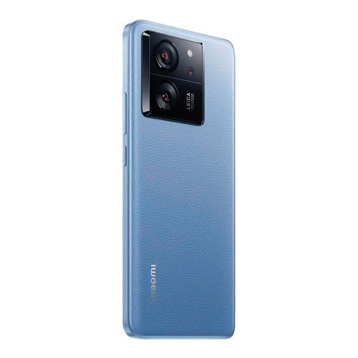 Blaues Smartphone mit zwei Kameras. Die Rückseite hat das Leica-Logo, und die Seite ist blau.