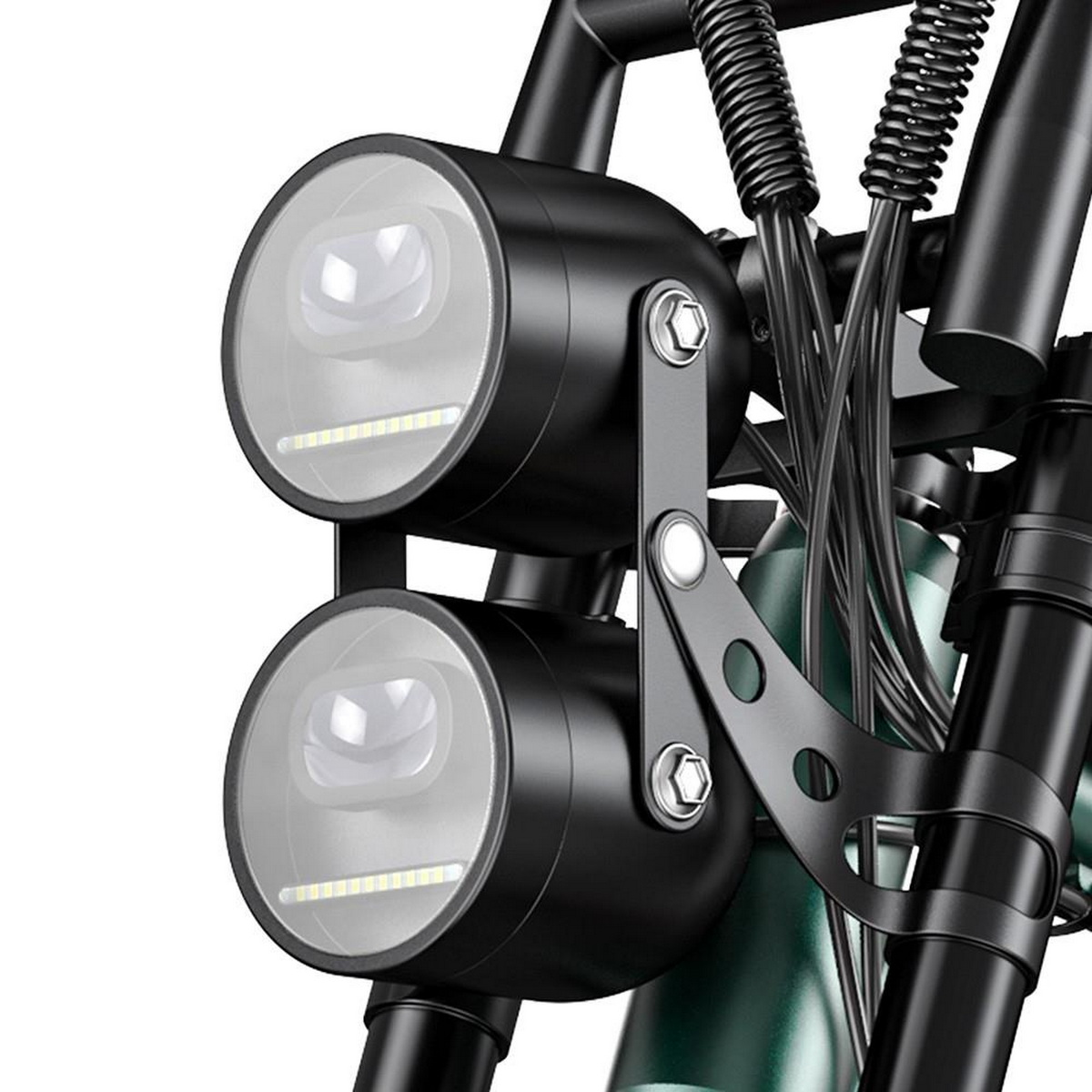 Motorradscheinwerfer, zwei kreisförmige Lichter, schwarz und Chrom.