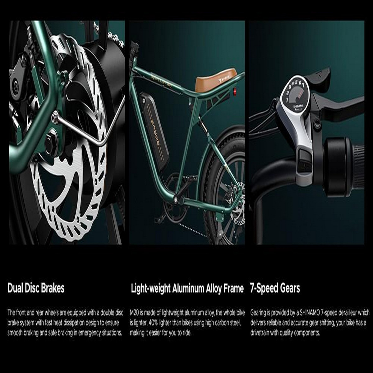 Eine Collage, die ein grünes Fahrrad mit beschrifteten Komponenten zeigt: Dual Disc Brakes, Rahmen, 7-Gang-Schaltung.