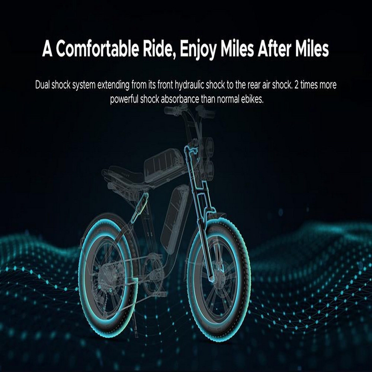 Ein E-Bike mit Drahtrahmen-Design, das seine Struktur hervorhebt, auf dunklem Hintergrund.