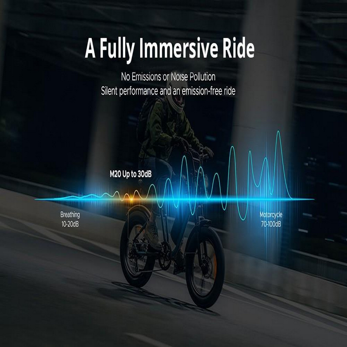 Mann auf einem schwarzen Elektrofahrrad, das auf einer Straße fährt, mit grafischer Schallwelle. Text: 'emissionsfrei'.