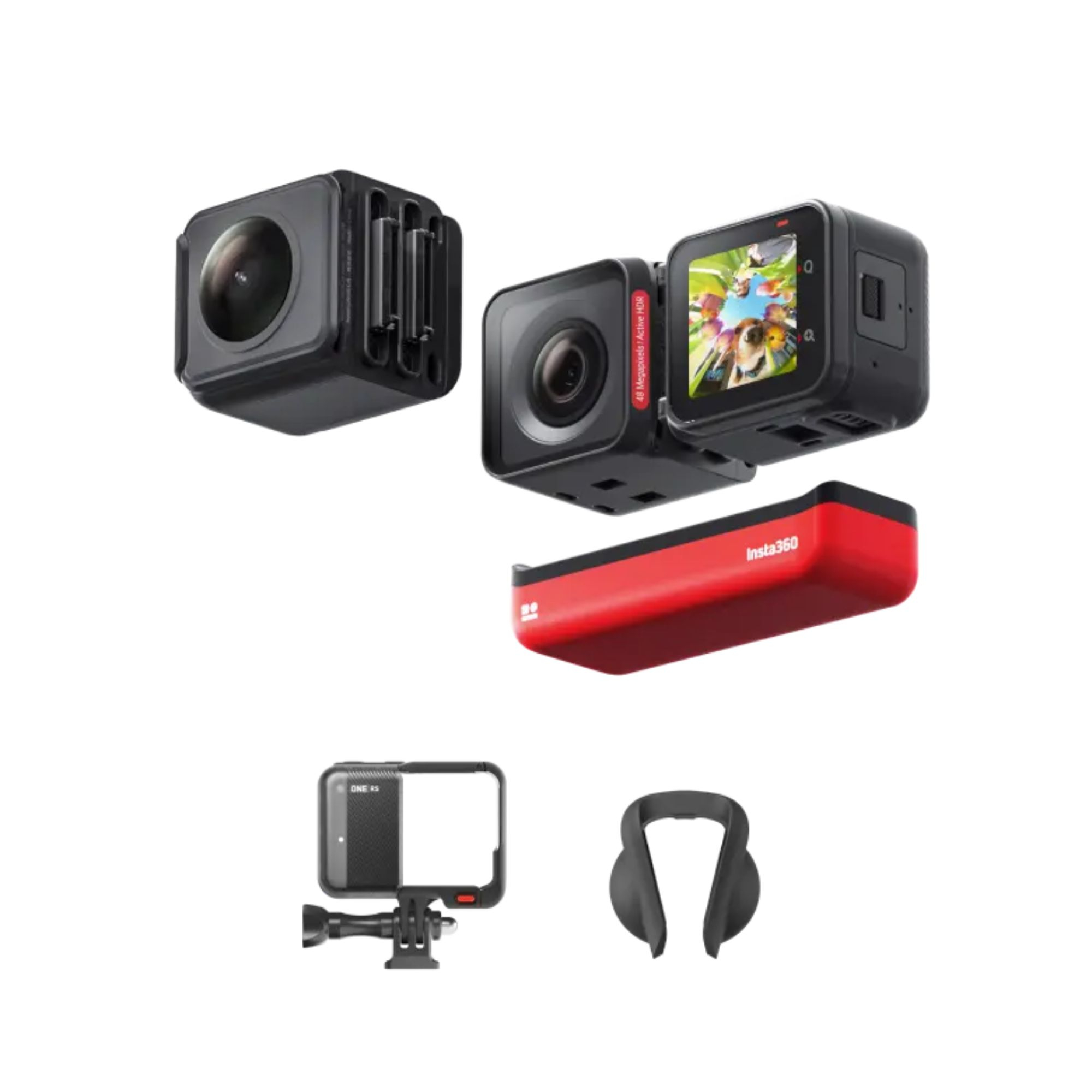 Mehrere Insta360 Action-Kameras und Zubehör, darunter eine Insta360 ONE RS und ein rotes Akkupack.