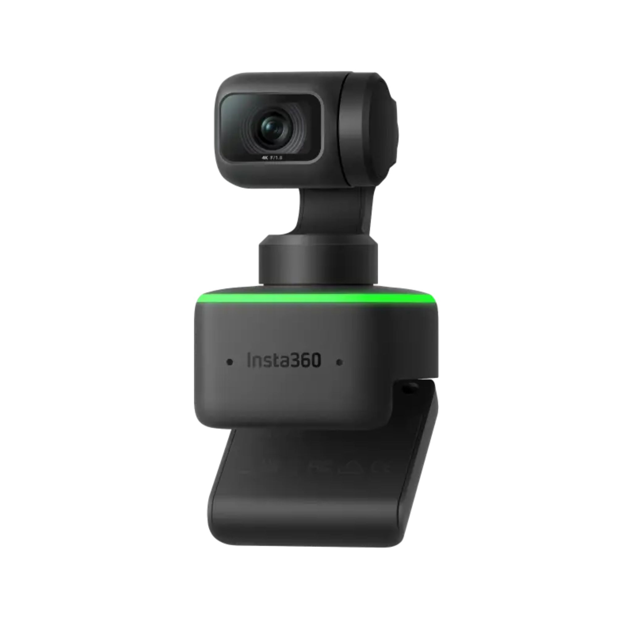 Una fotocamera Insta360 nera con una luce verde sulla base, rivolta verso l'alto.