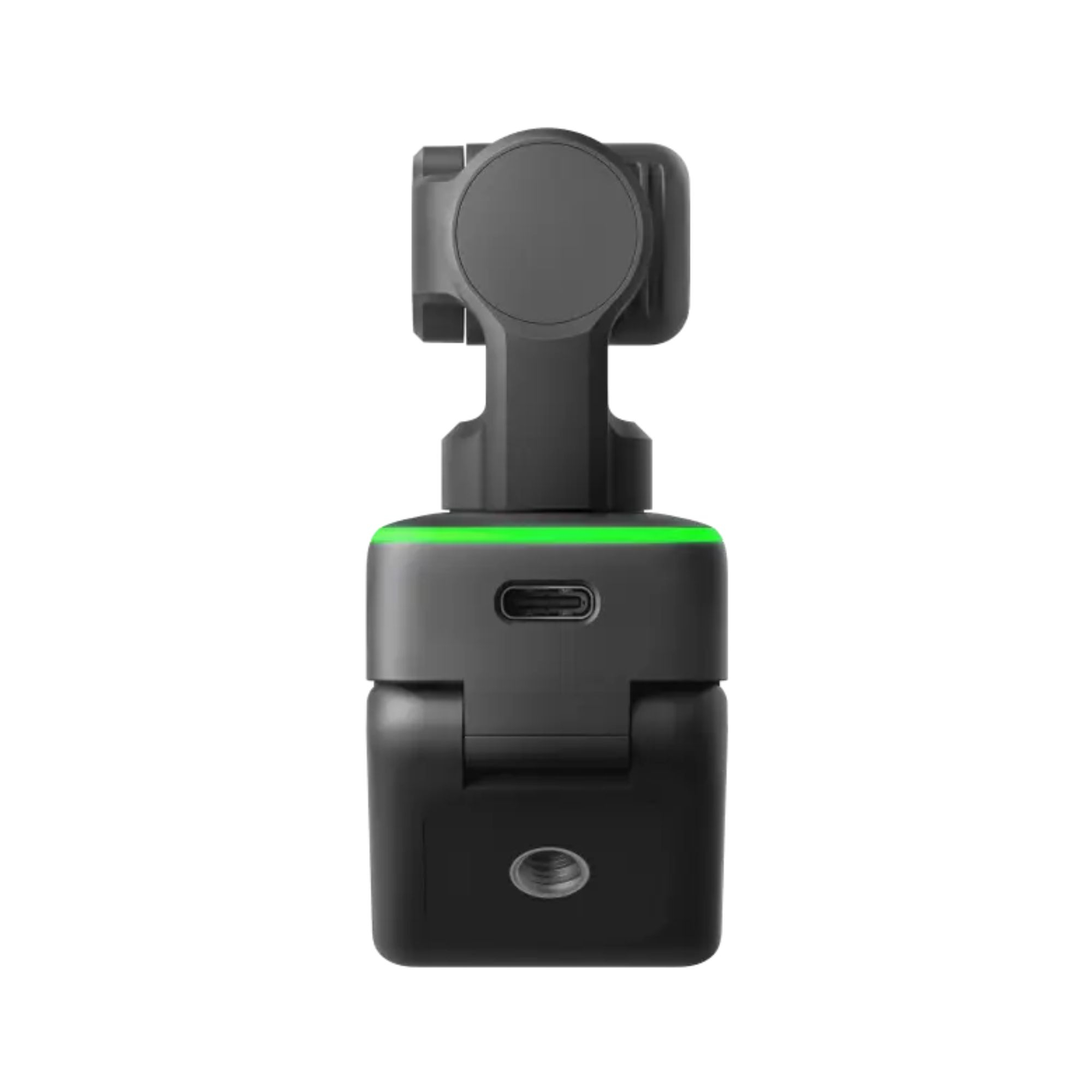 Uno stabilizzatore portatile nero con una luce verde, progettato per catturare video.