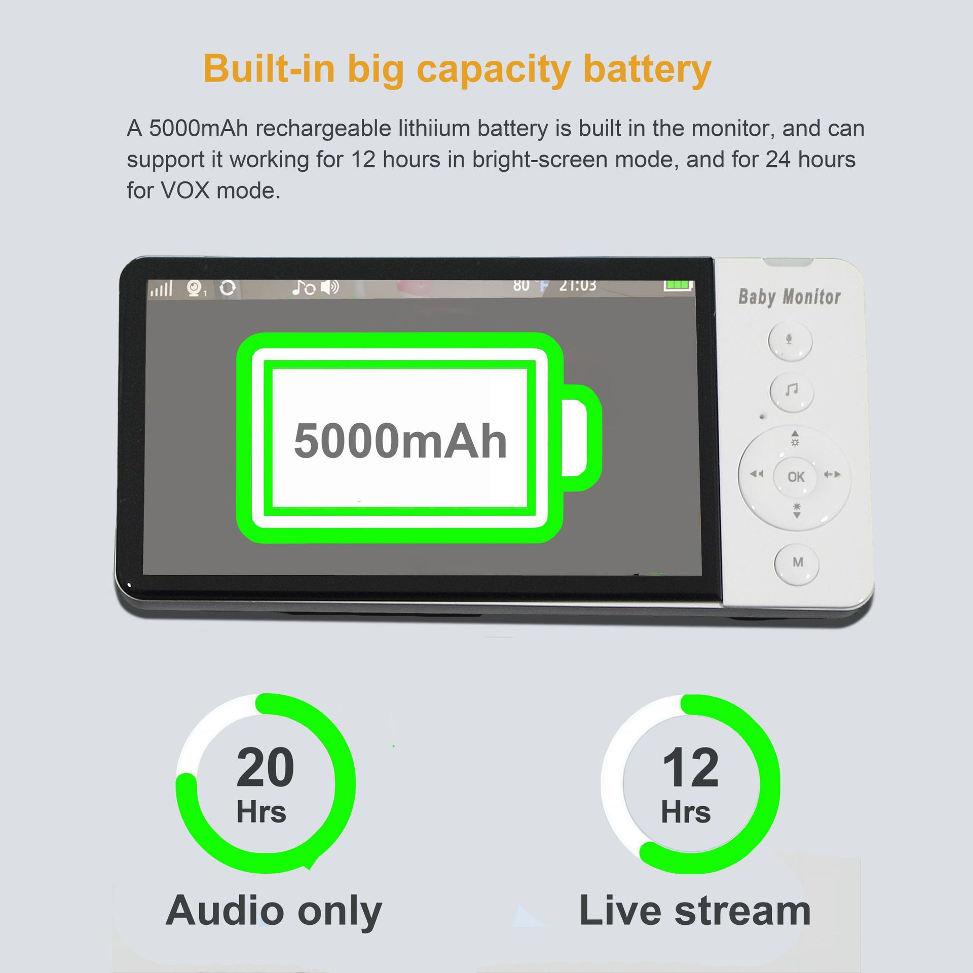 Niania elektroniczna z baterią 5000mAh. Ekran wyświetla poziom naładowania baterii i godzinę. Tło jest białe.