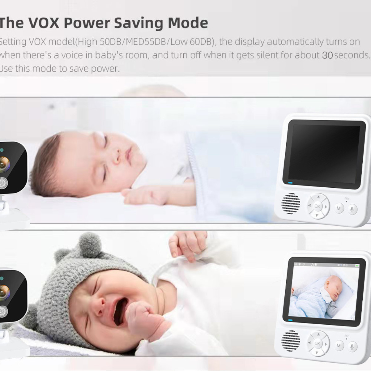 Ein Babyphone, das zwei Babys zeigt, eines schläft und das andere weint.