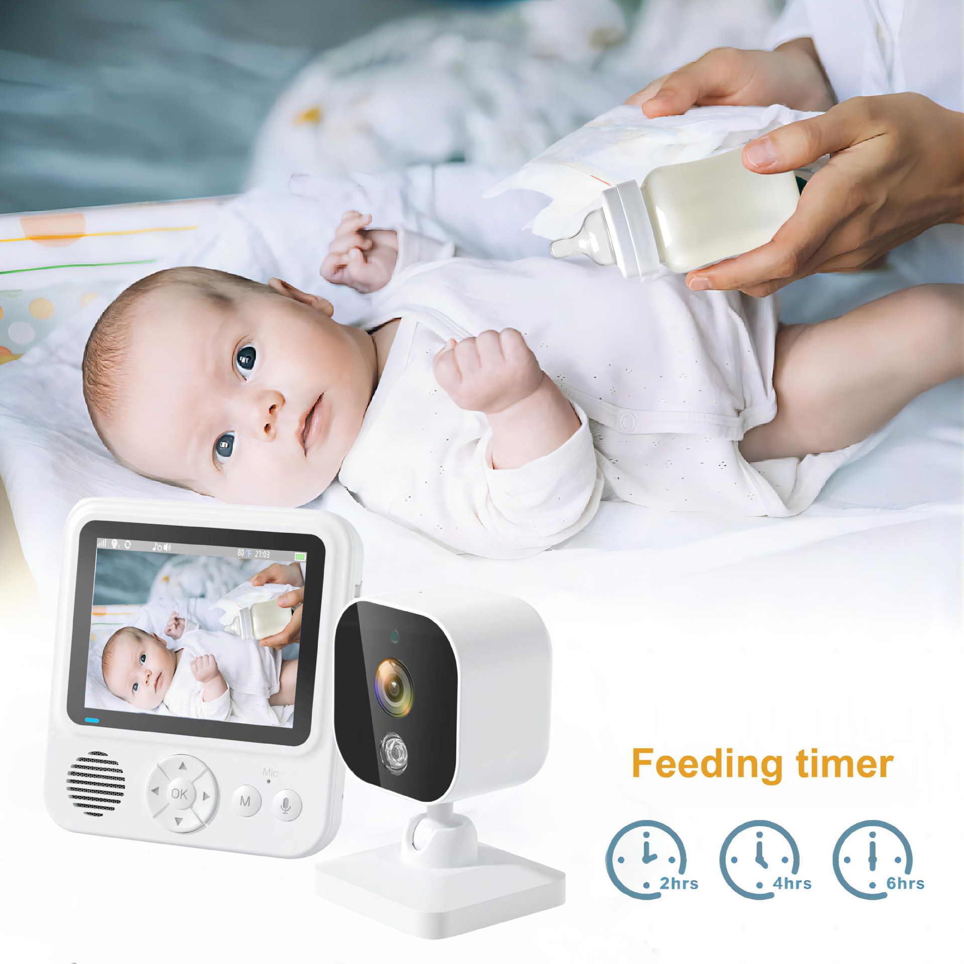 Baby im Bettchen wird gefüttert. Unten links ein Monitor und eine Kamera. Timer-Symbole.