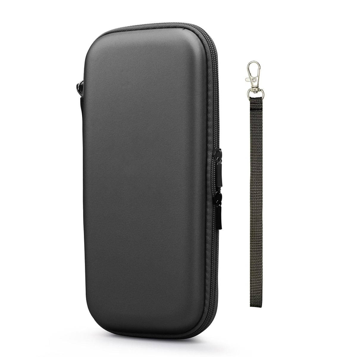 Un étui noir zippé avec une dragonne.