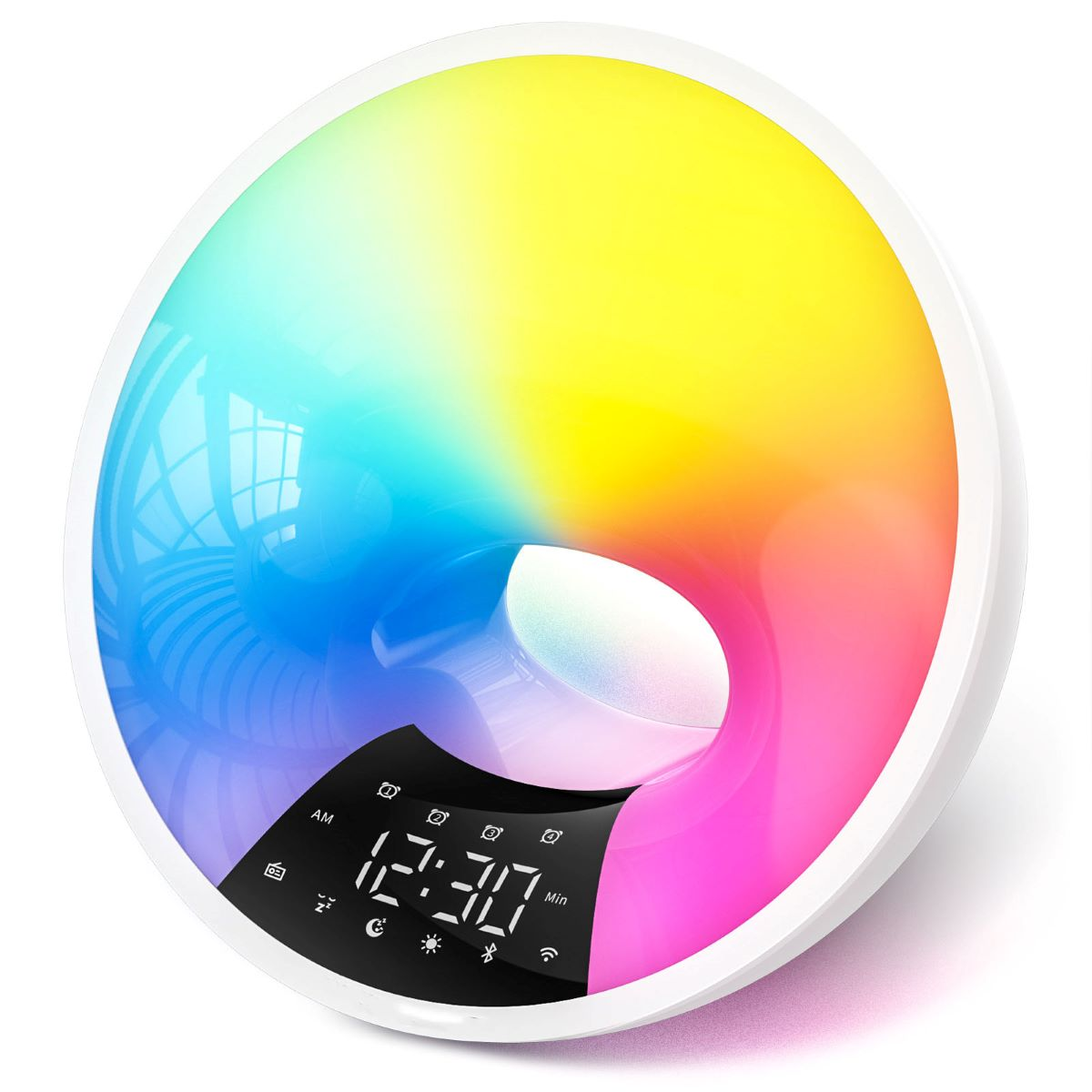 Ein weißer und regenbogenfarbener Wecker mit digitaler Anzeige.
