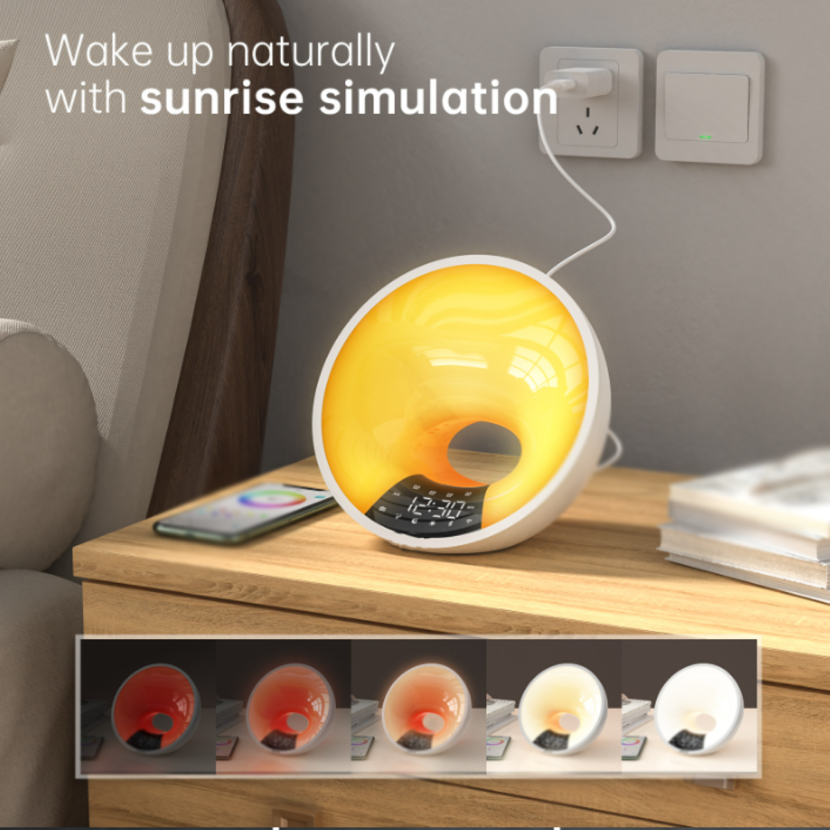 Weißer und gelber Wecker auf einem Nachttisch mit Sonnenaufgangssimulation.