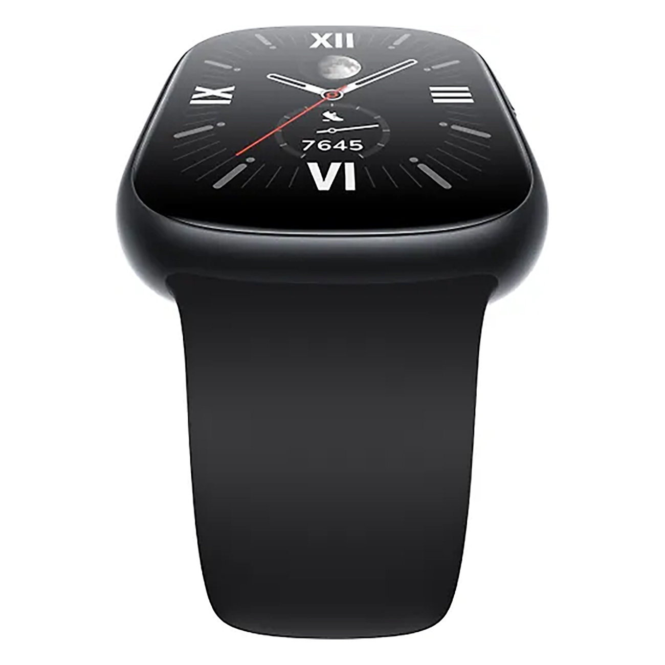 Czarny smartwatch z okrągłym wyświetlaczem, pokazujący czas i inne dane.