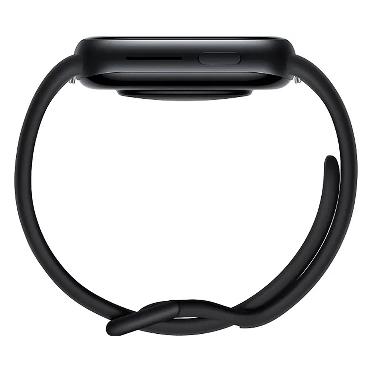 Czarny smartwatch z czarnym paskiem, widok z boku.