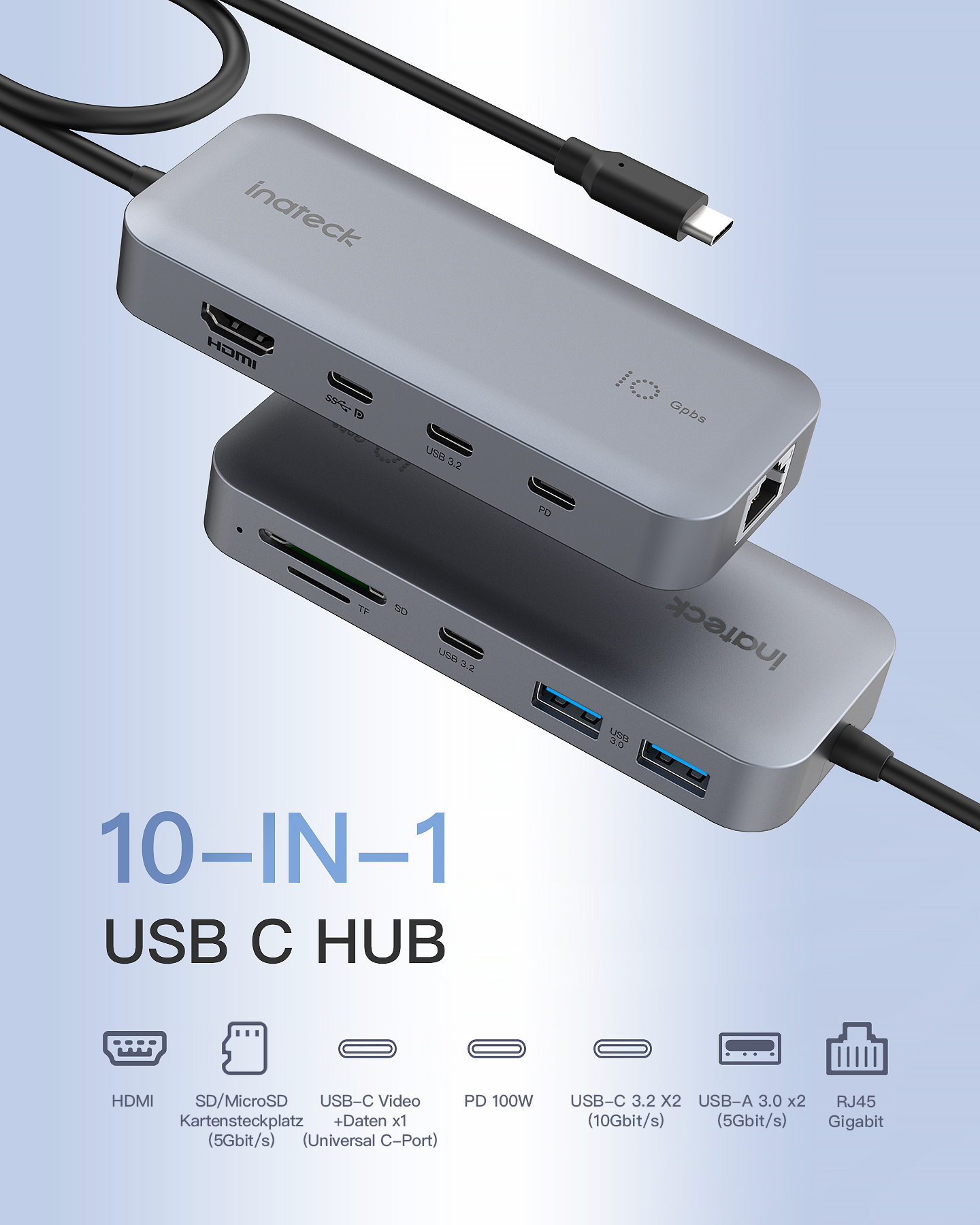 Ein silberner USB-C-Hub mit mehreren Anschlüssen und Verbindungen.
