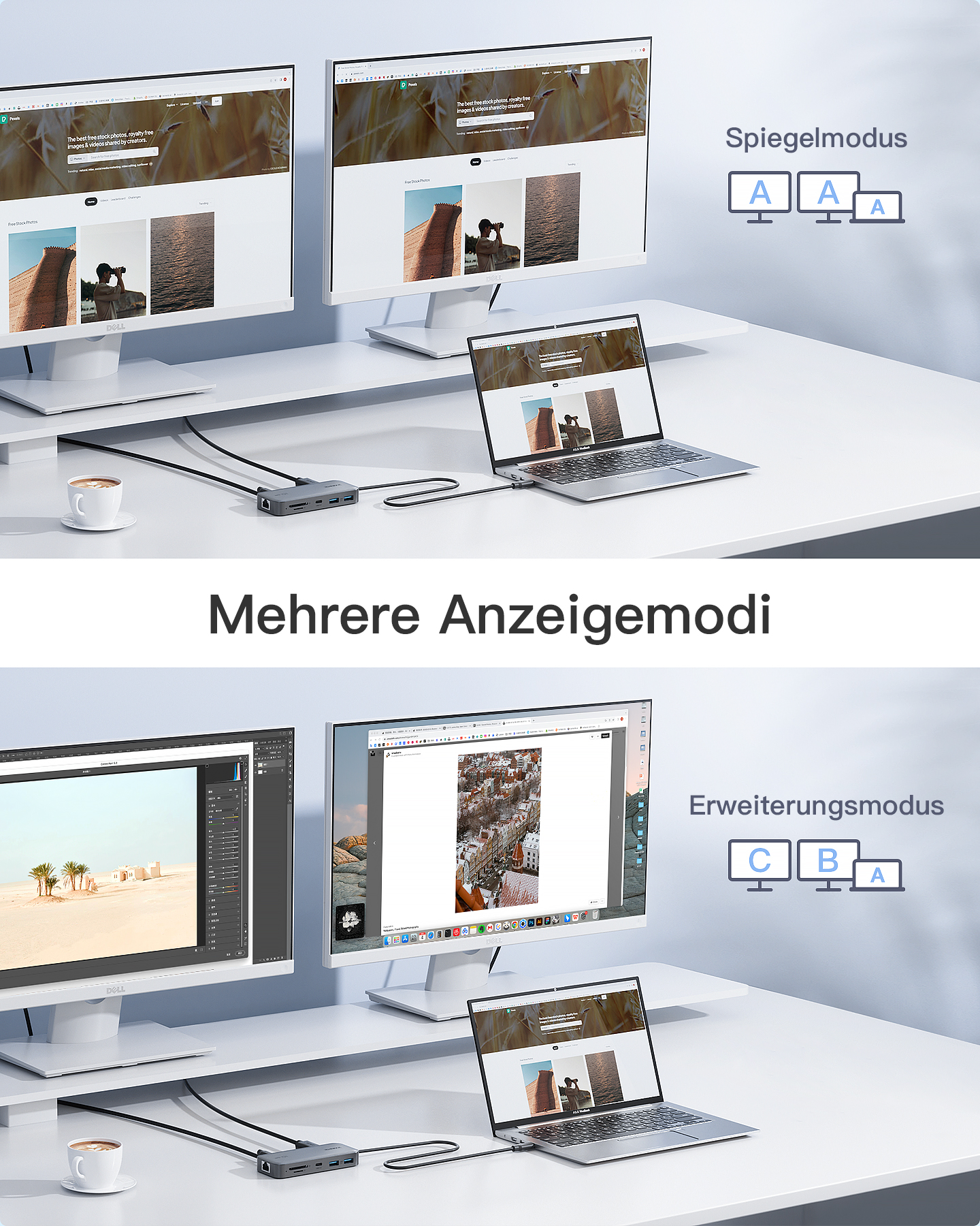 Ein Schreibtisch-Setup mit zwei Monitoren, einem Laptop und einem USB-C-Hub. Text zeigt Spiegeln und Erweitern an.