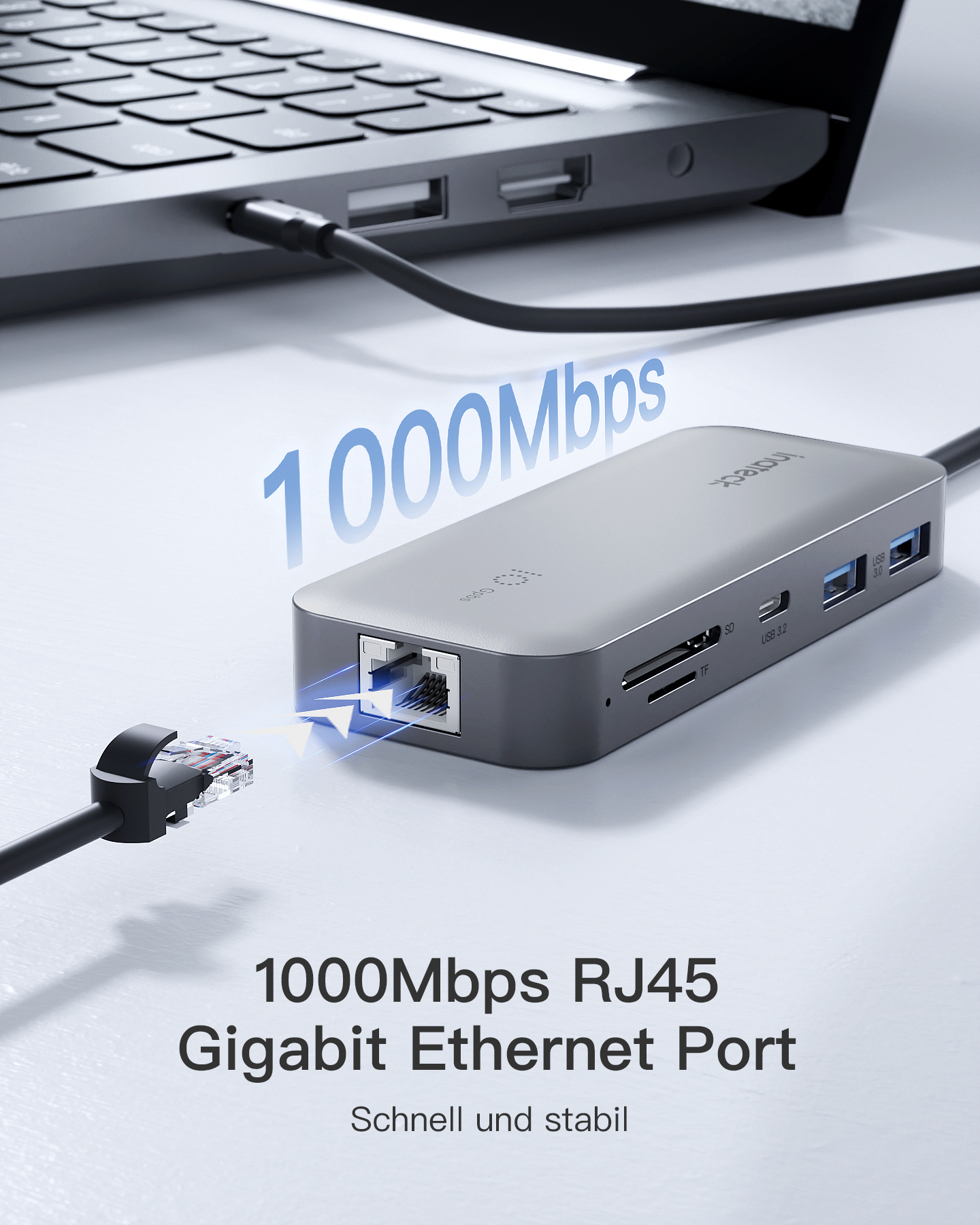 Grauer Hub mit Anschlüssen, verbunden mit einem Laptop. Ein Kabel ist angeschlossen. Text: 1000Mbps RJ45 Gigabit.