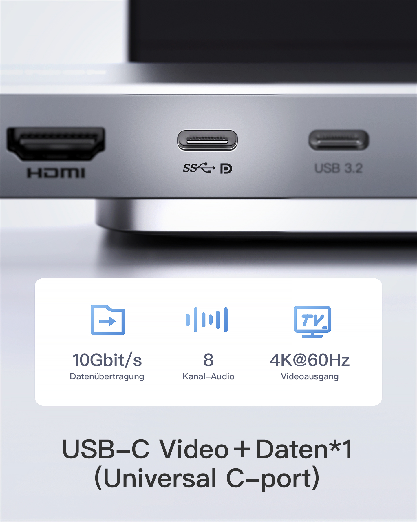 2 silver USB hub, USB 100W RJ45 HDMI, USB Video＋Data, 1 PD, C USB C, A, 10 SD/TF, 2 in 4K 60Hz Hub, INATECK Ethernet,