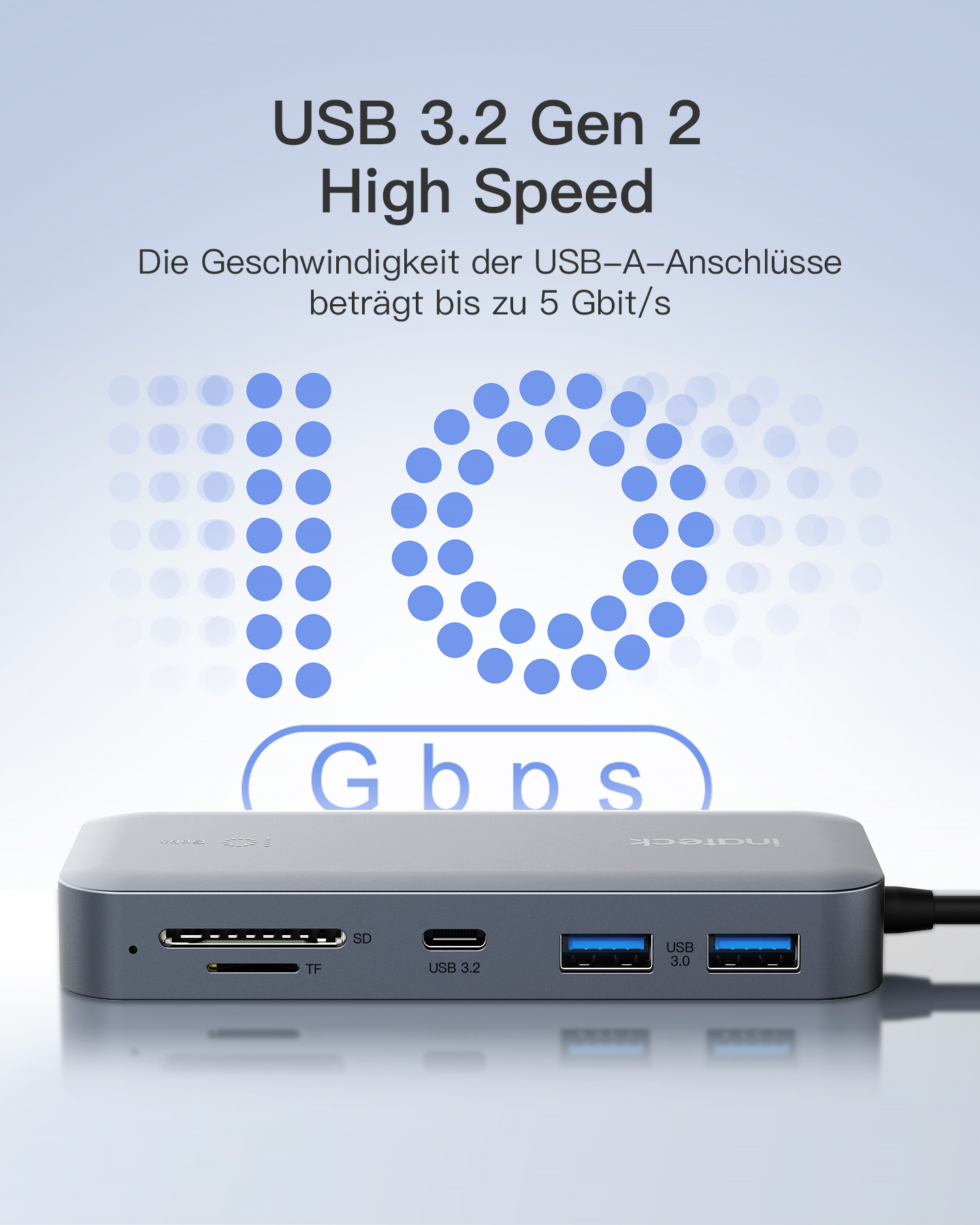 Ein grauer USB-Hub mit Anschlüssen und dem Text "USB 3.2 Gen 2 High Speed" und "10 Gbit/s".