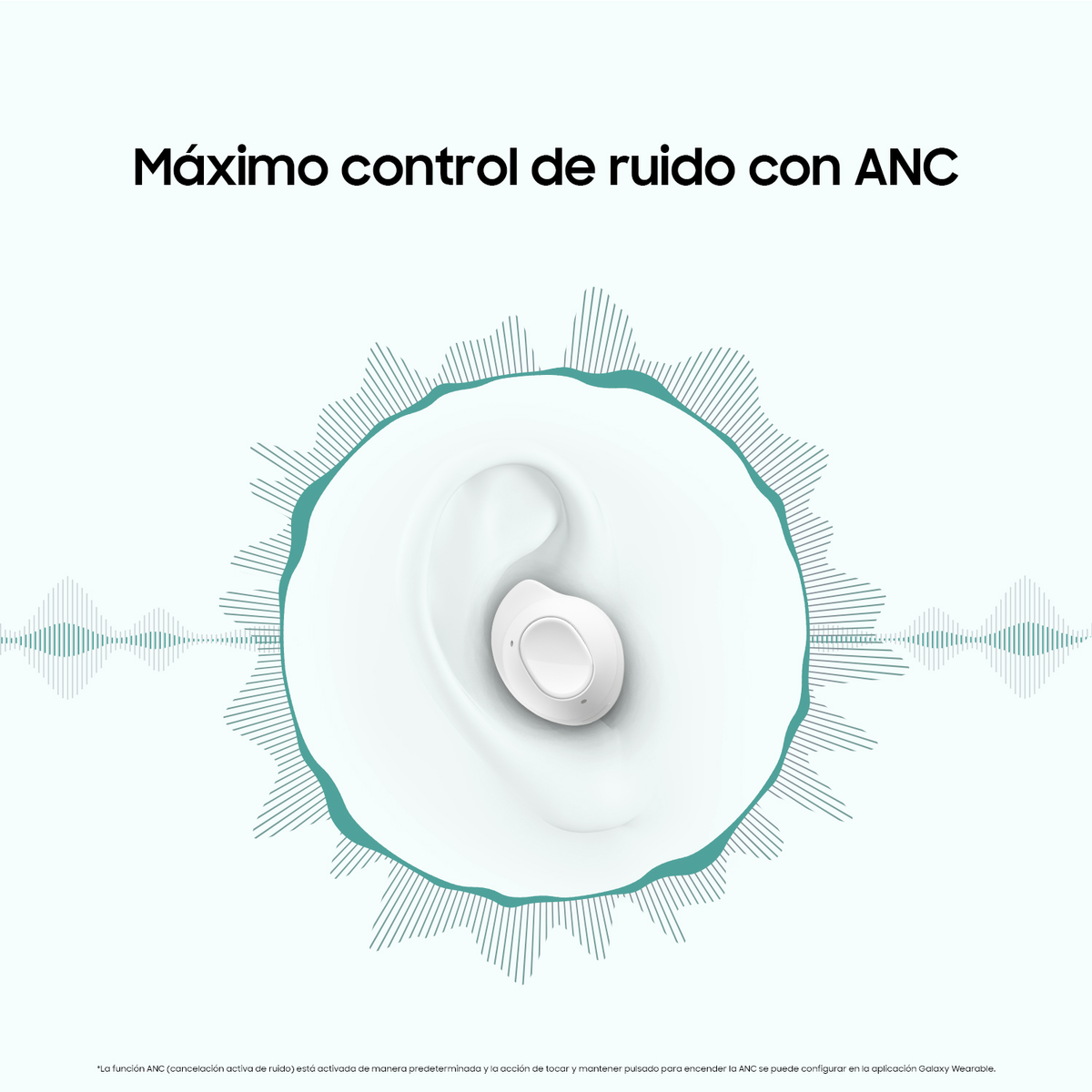 Biała słuchawka w ilustracji ucha z falami dźwiękowymi. Tekst: Maksymalna kontrola hałasu z ANC.