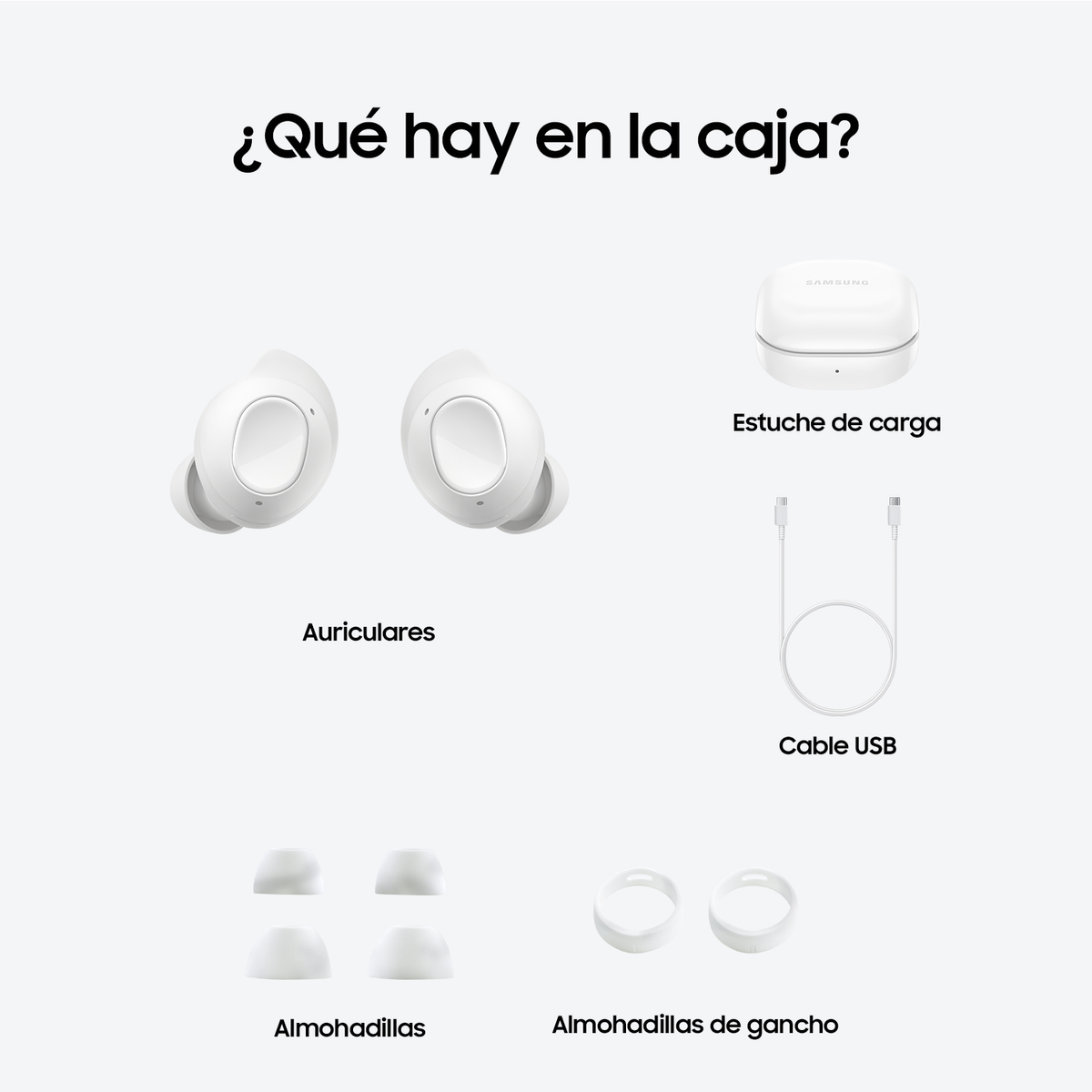 Obrazek pokazujący zawartość pudełka z białymi słuchawkami, etui ładującym, kablem USB i wkładkami dousznymi.
