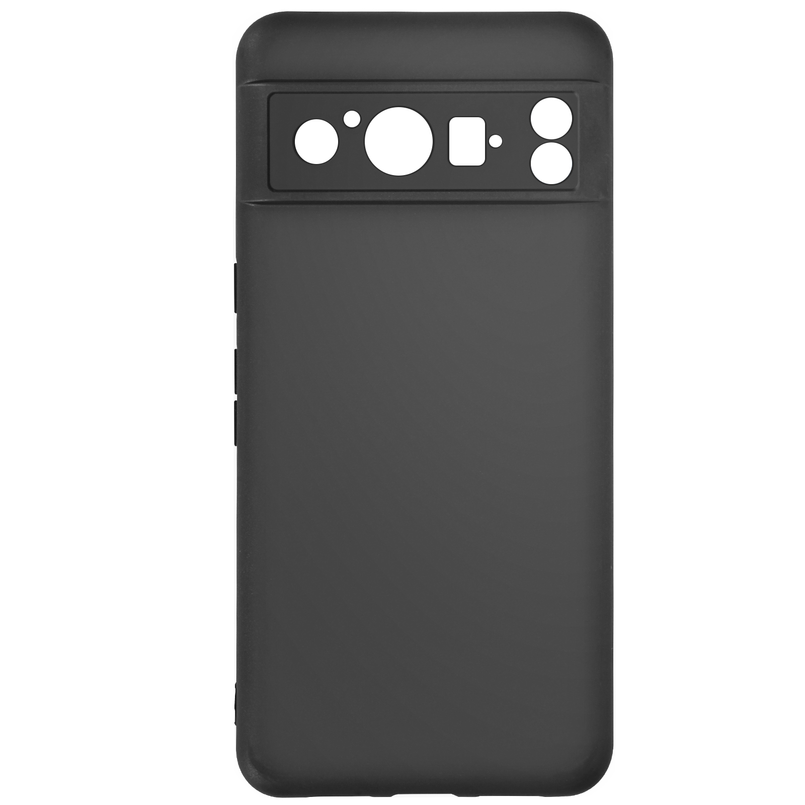 Custodia per telefono nera con fori per la fotocamera, per un telefono. È semplice, con una leggera texture, su sfondo bianco.