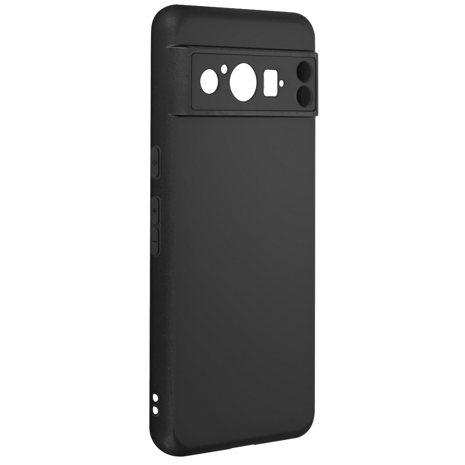 Custodia nera per telefono con fori per fotocamera e pulsanti, su sfondo bianco.