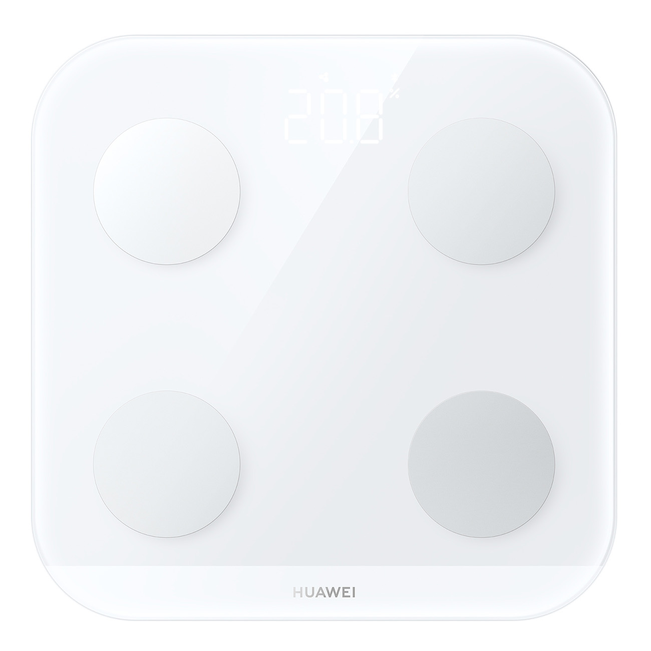 Weiße Digitalwaage mit vier Kreisen. Die Anzeige zeigt 208. Huawei-Logo unten.