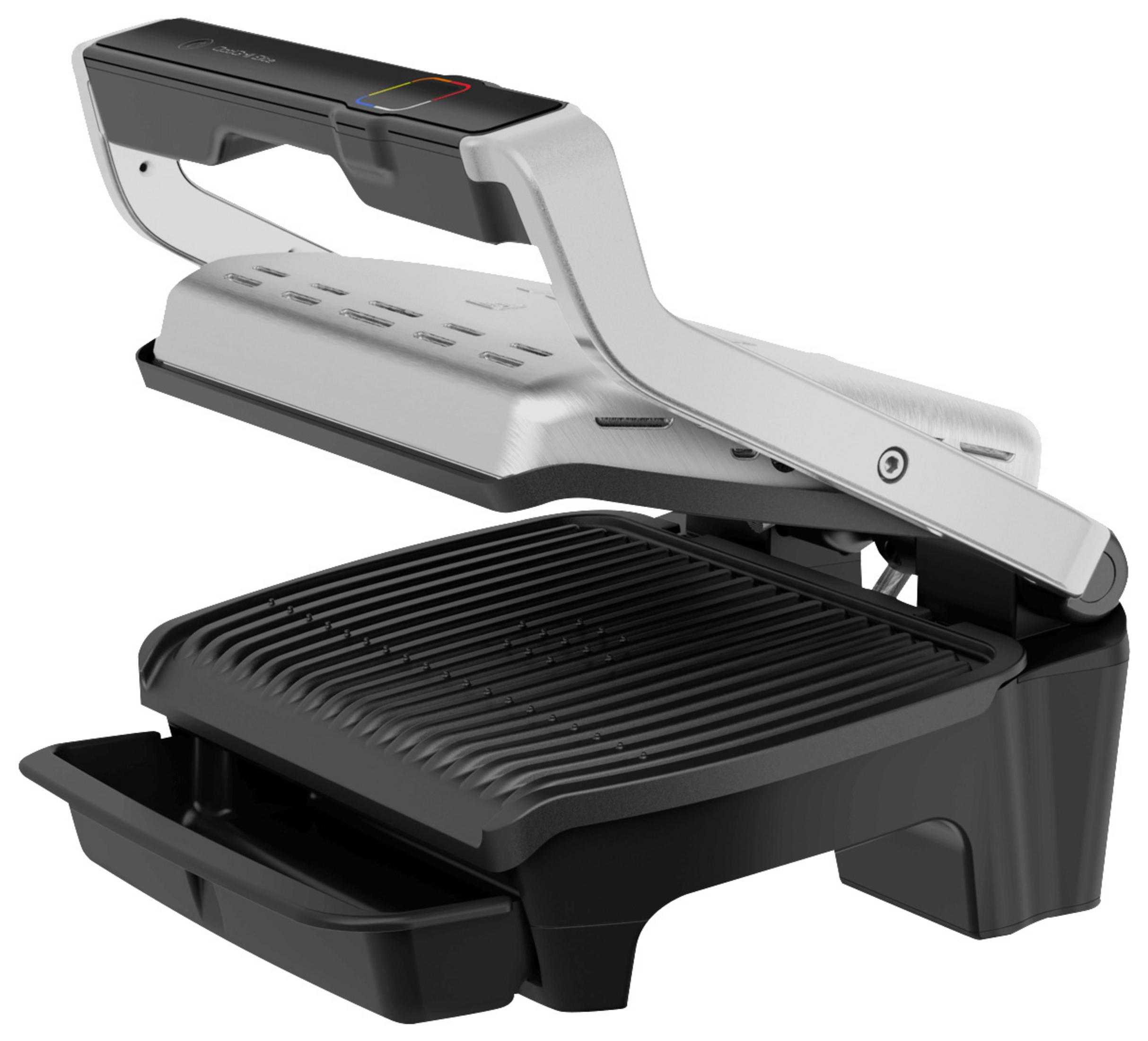 Otwarty grill pokazujący powierzchnię do gotowania i uchwyt, na białym tle.