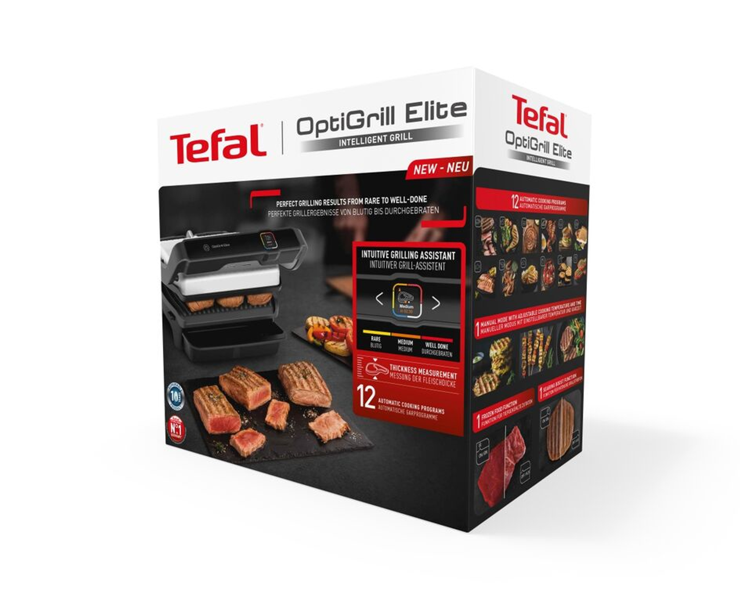 Pudełko Tefal OptiGrill Elite z grillem, stekami i wyświetlanymi programami gotowania.
