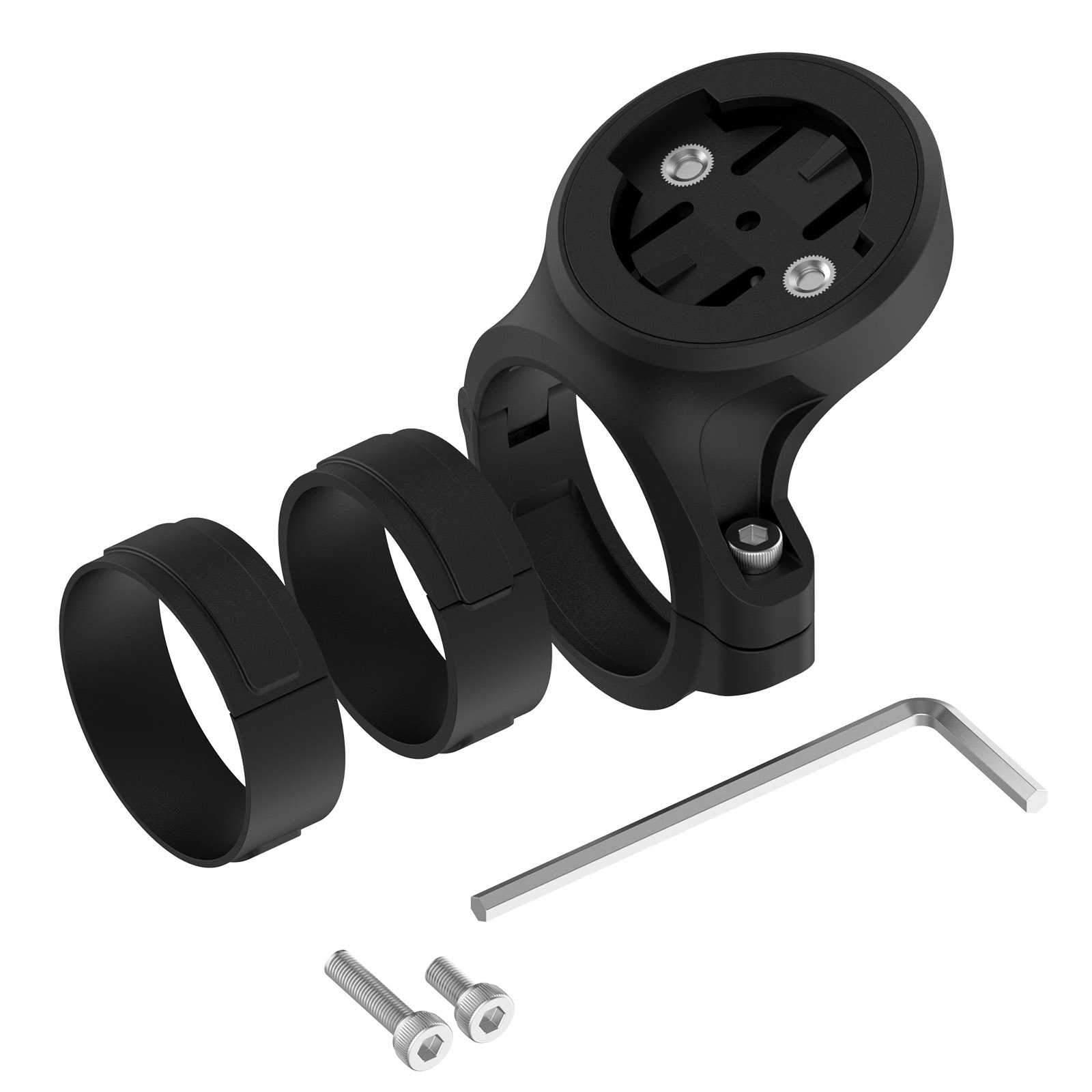 Supporto per computer da bicicletta nero con hardware di montaggio e una chiave esagonale.