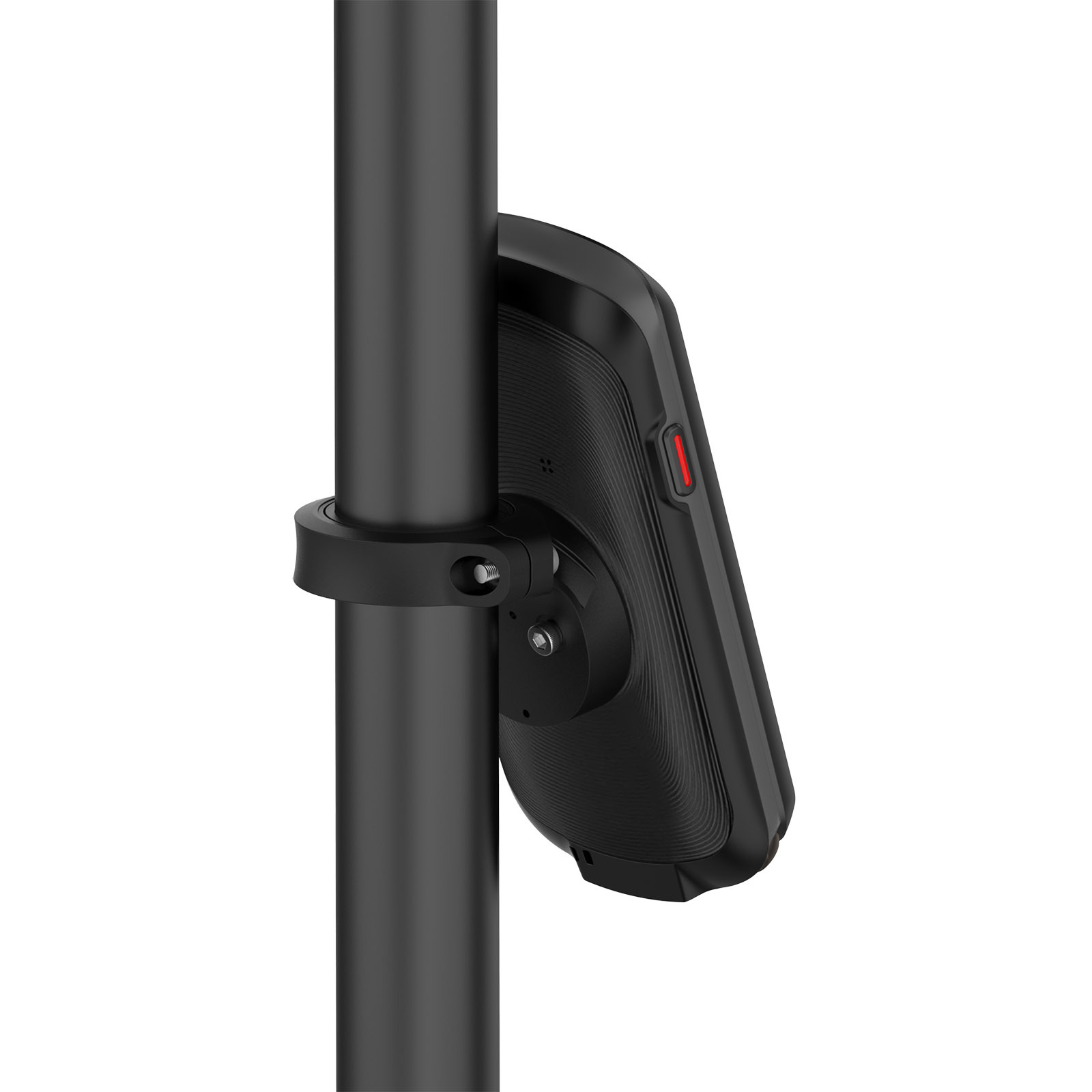 Un dispositivo GPS nero montato su un palo nero con un morsetto nero. Il dispositivo ha un pulsante rosso.