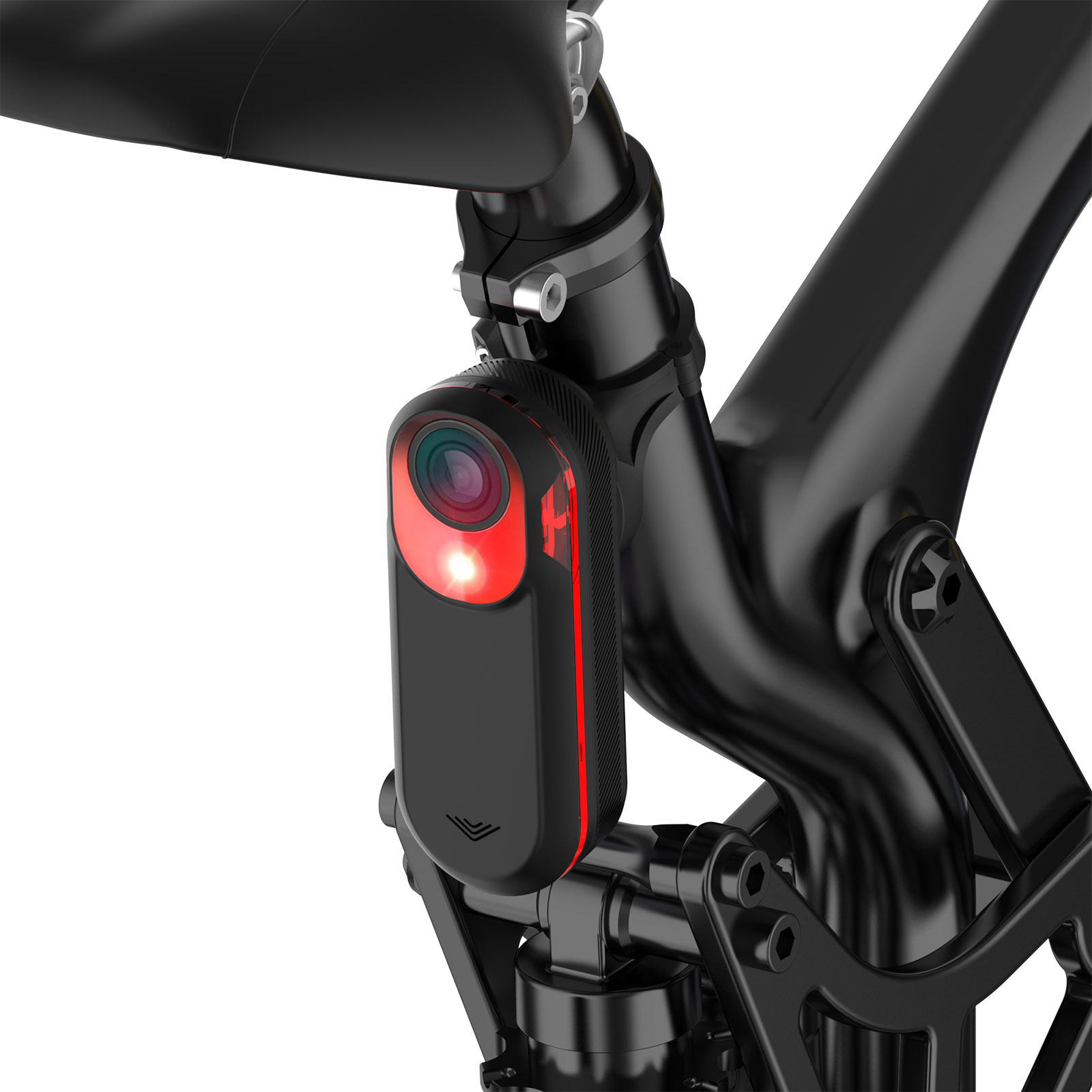 Una action camera nera montata su un telaio di bicicletta nero. Ha una luce rossa e una lente frontale.
